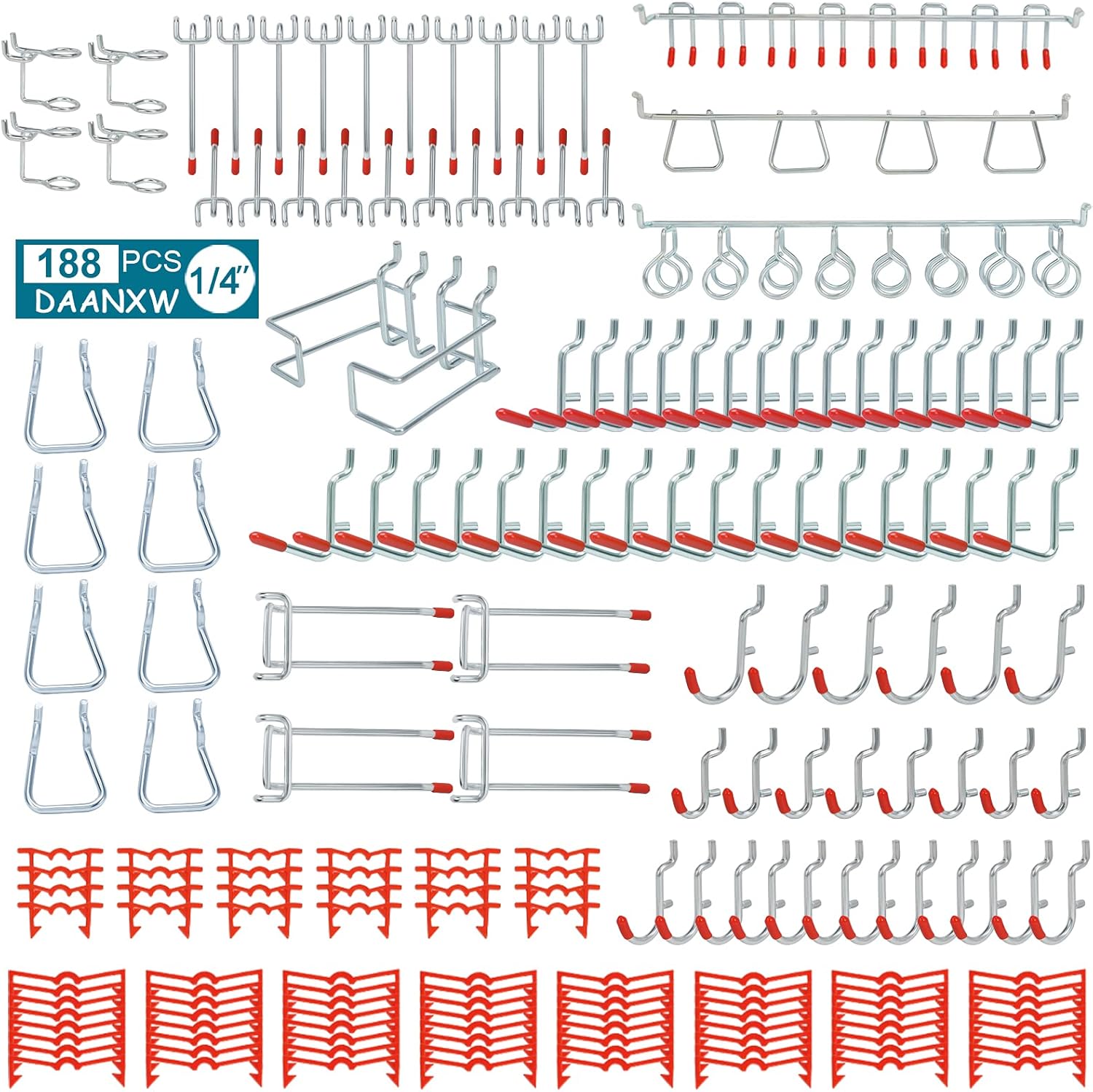 Daanxw 1/4 inch Heavy Duty Pegboard Accessories Organizer Kit, 1/4 inch Pegboard Attachment, 1/4 inch Pegboard Hooks, Metal Hooks for Hanging Storage(100 Various Hooks and 88 Locks)