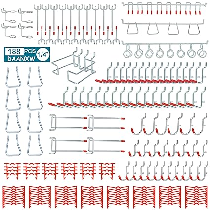 1/4 inch Heavy Duty Pegboard Accessories Organizer Kit, 1/4 inch Pegboard Attachment, 1/4 inch Pegboard Hooks, Metal Hooks for Hanging Storage(100 Various Hooks and 88 Locks)
