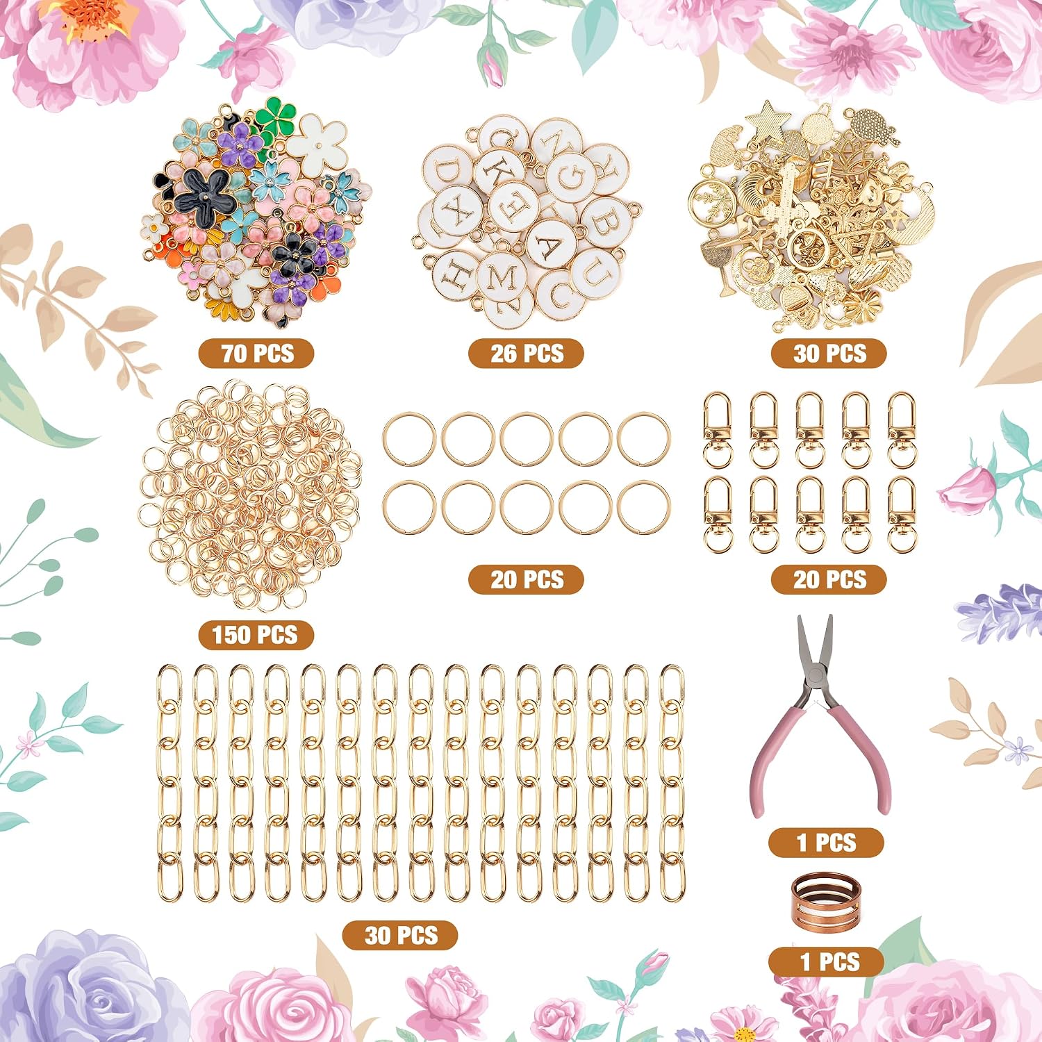 HOMAR 348Pcs DIY Keychain Making Bag Charm Jewelry Chain Making 70 Flower Charms 20 Keychain Clips with Key Ring 30 Extender Chains 150 Jump Ring for DIY Craft Gifts