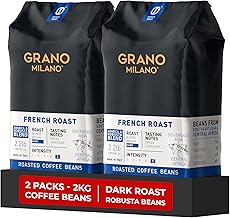 Grano Milano Coffee Beans 2kg (2 x 1kg Bags) French Roast Robusta Blend, Dark Roast, Intensity 10/10 Extra Strong Coffee, Made in Italy