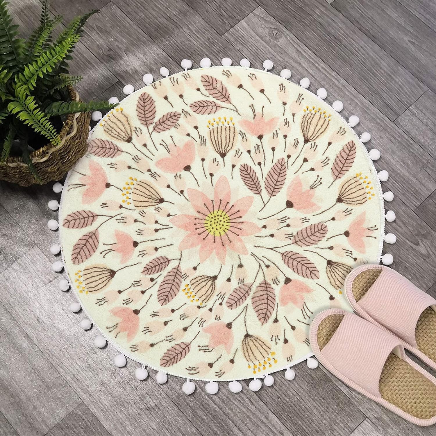 Uphome Small Round Rug 2’ Circle Cute Bath Mat with Pom