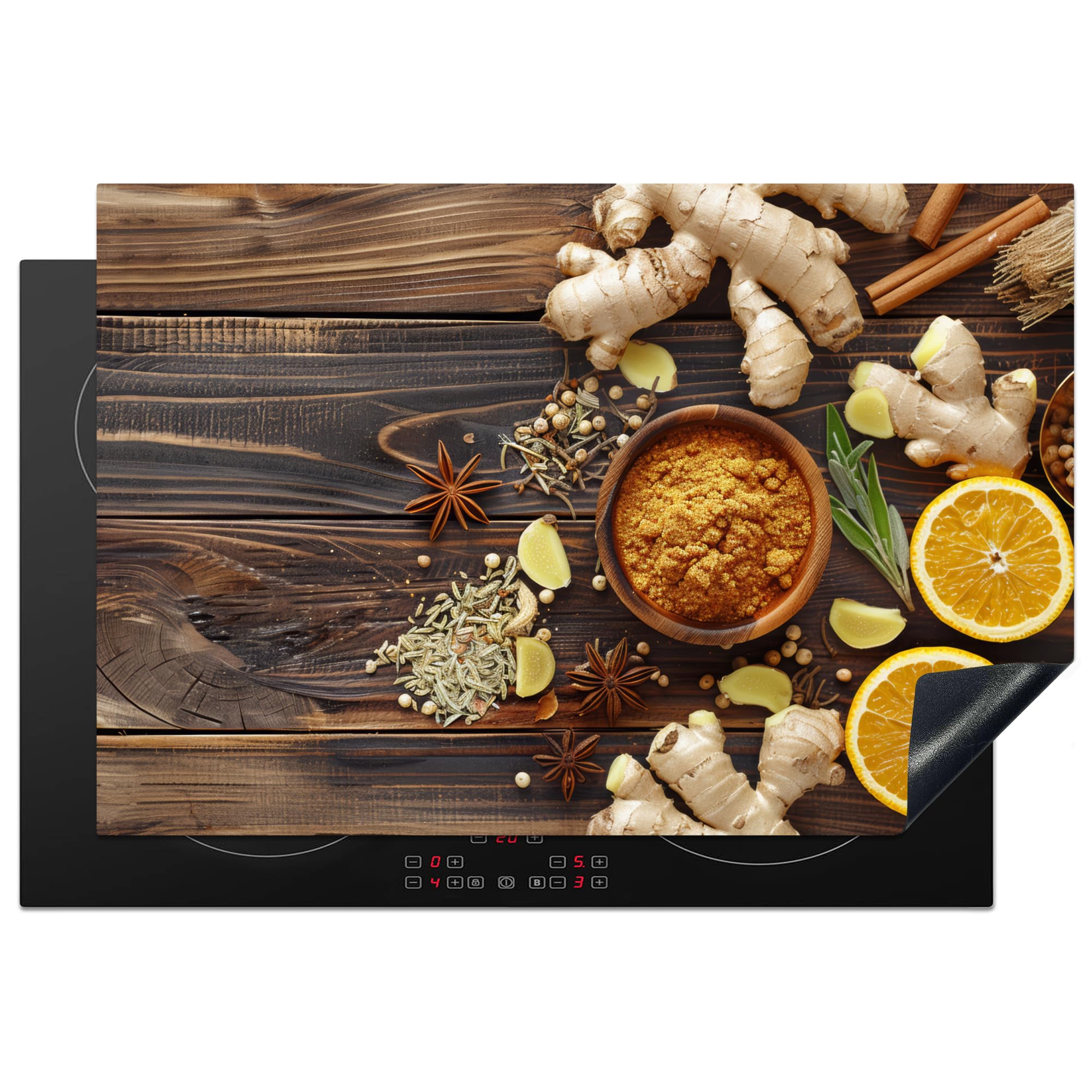 KitchenYeah© Induction Hob Protector Mat 20.3"x29.9" / 76x51.5 cm Cooker Top Protectors Cover Ceramic Covers Electric Hobs Vinyl Spices - Ginger - Lemon - Spices - Still Life - Wood Print