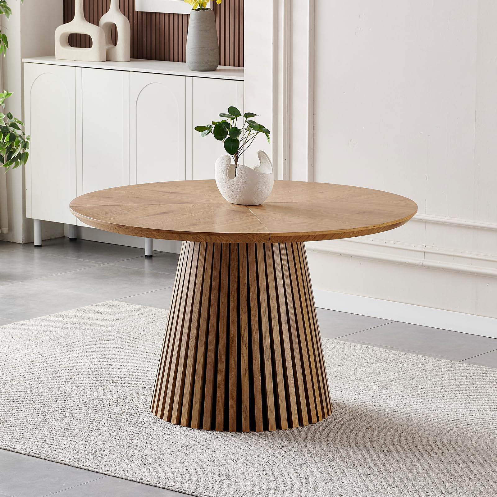 Nowoczesny okrągły stół z płyty MDF 120 cm dla 4 osób – styl wiejski z karbowaną podstawą oszczędzające miejsce meble kuchenne i jadalniane wykończenie z naturalnego drewna i stylowy design