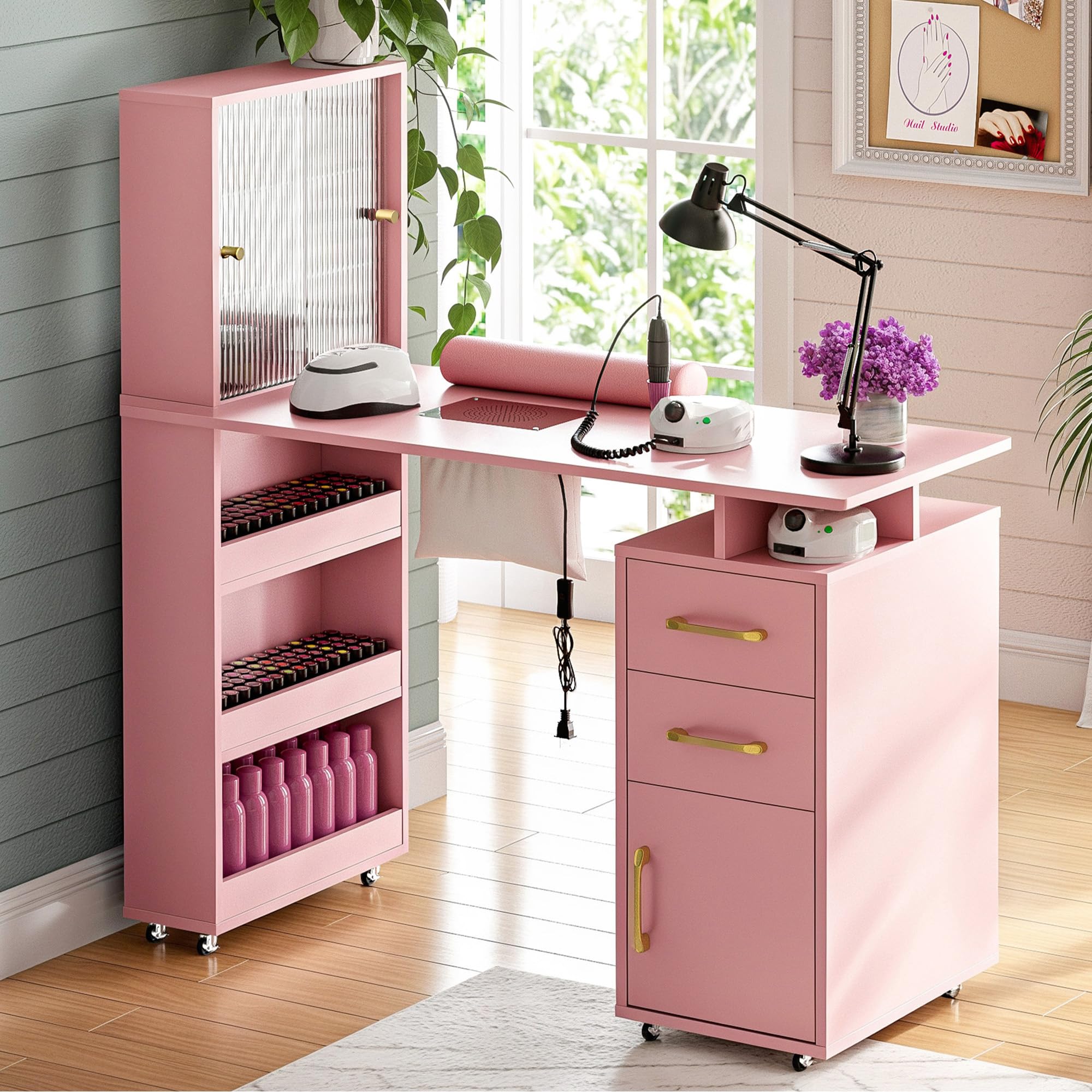 Kikihouse Manicure Table Nail Desk for Nail Tech w/Glass Door Storage Cabinets & Wrist Rest, Beauty Salon Nail Supplies Decor Workstation Acetone