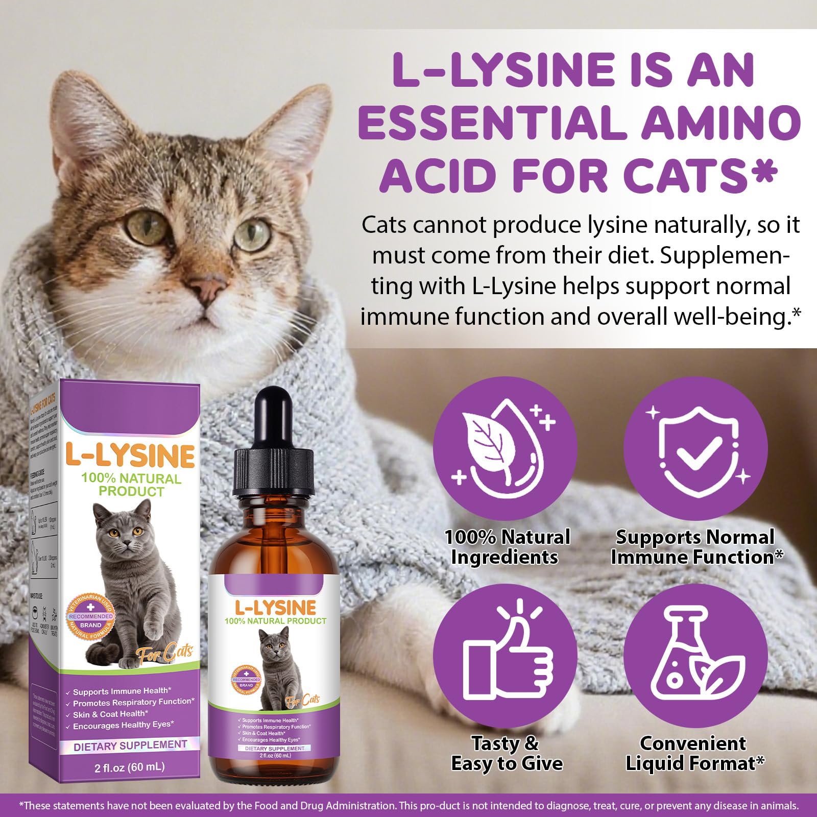 Gotas de L-lisina para gatos 60 ml – Natural Sabor Pollo, 250 mg por dosis, apoyo inmune y respiratorio, ayuda a la salud ocular y a las manchas de lágrimas