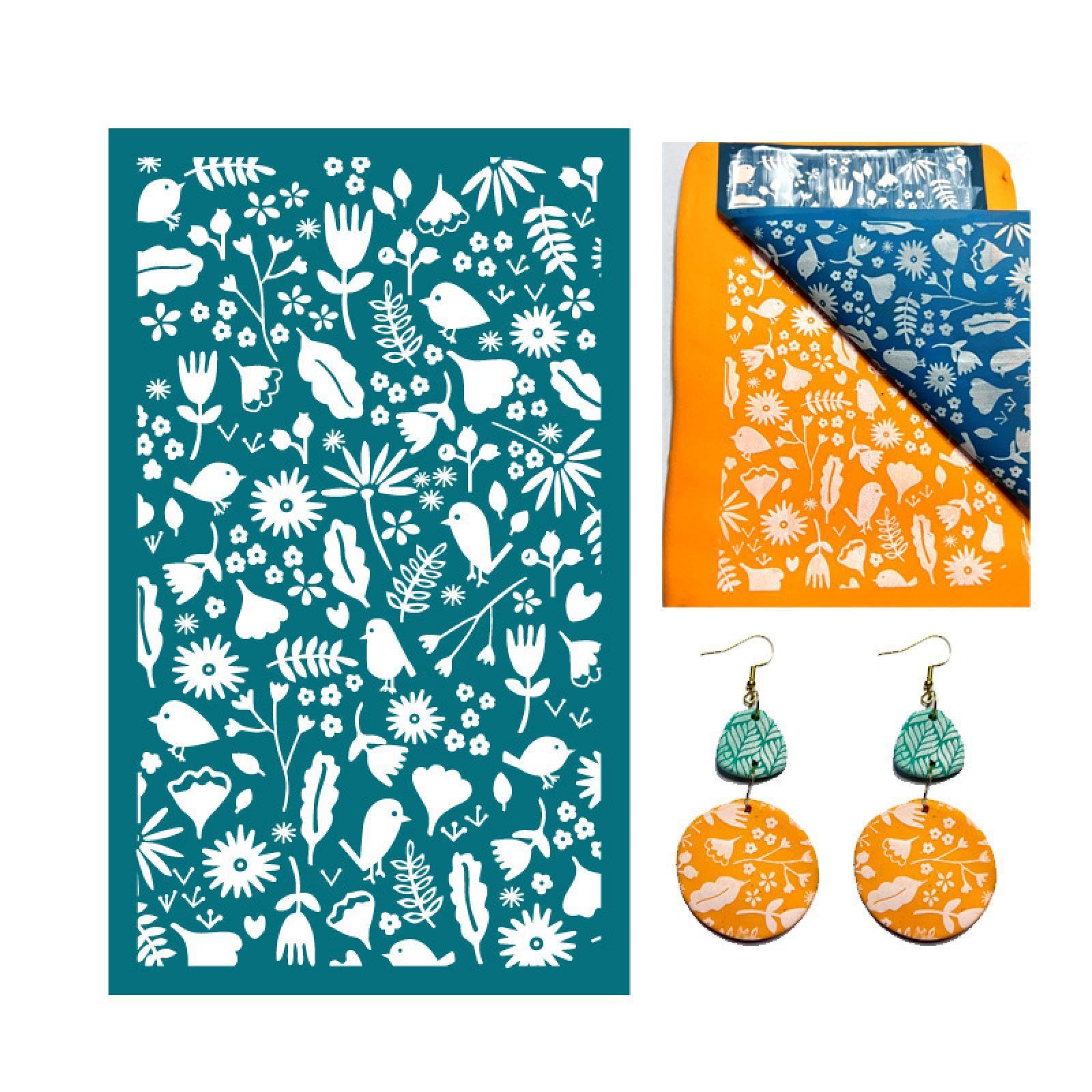 MANGOUSONG Screen Printing Kit,9x15cm Rose Love Flower Self-Adhesive Silk Screen Stencils for Polymer Clay Palm Leaves Reusable Mesh Transfer Printing Earring Jewelry Making Style 6