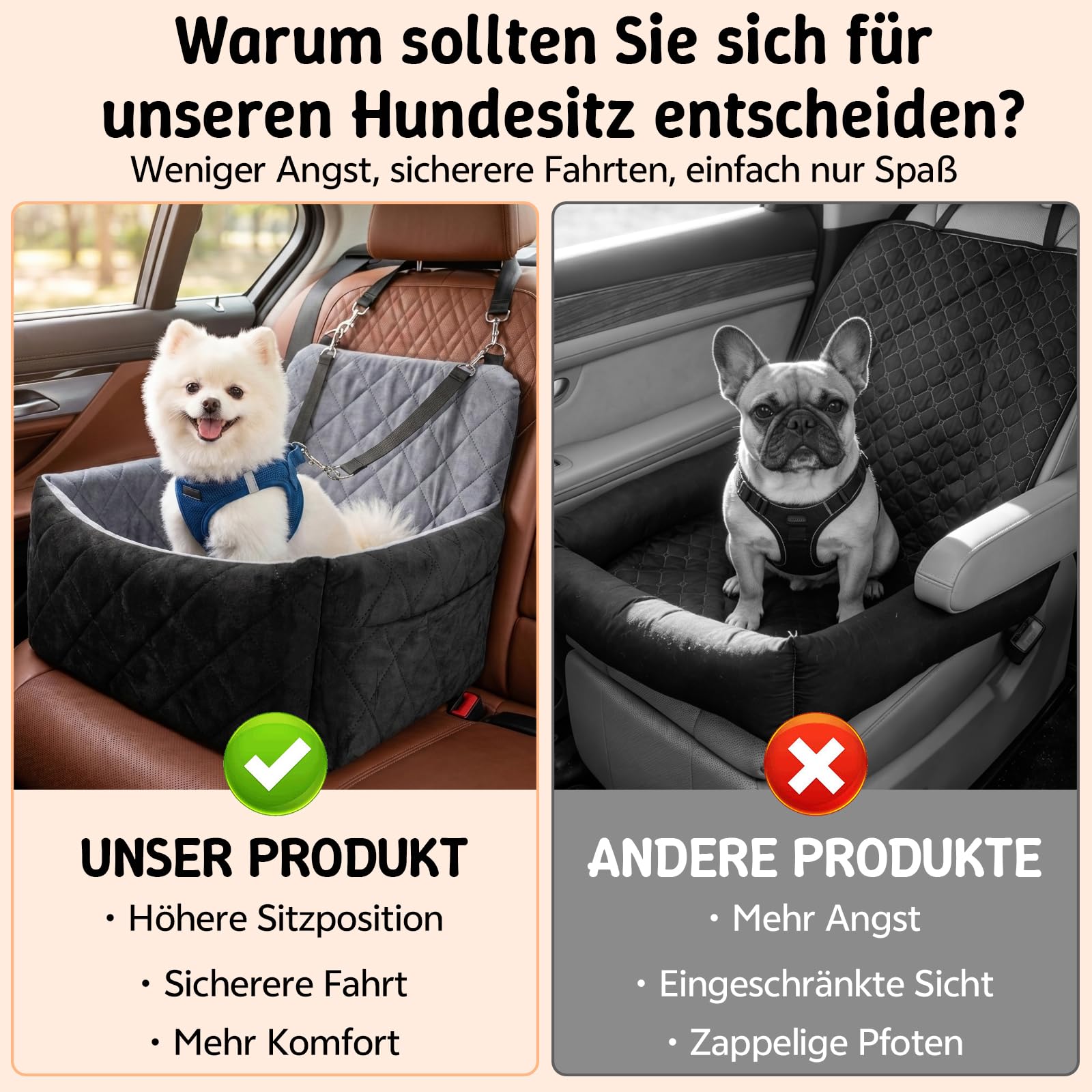Hunde Autositz für kleine bis mittlere Hunde, Waschbares mit Aufbewahrungstaschen Memory-Schaum Hundebooster rutschfeste Unterseite & 2 Sicherheitsgurte, Reise-Hundebett für Vordersitz und Rückbank