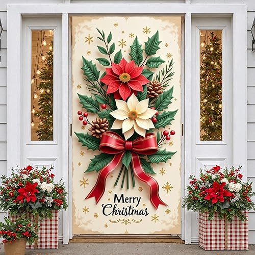 Miniatura 8 de Decoración de cubierta de puerta de Navidad, chimenea, letrero rojo para puerta delantera, árbol de Navidad rojo, telón de fondo para pared