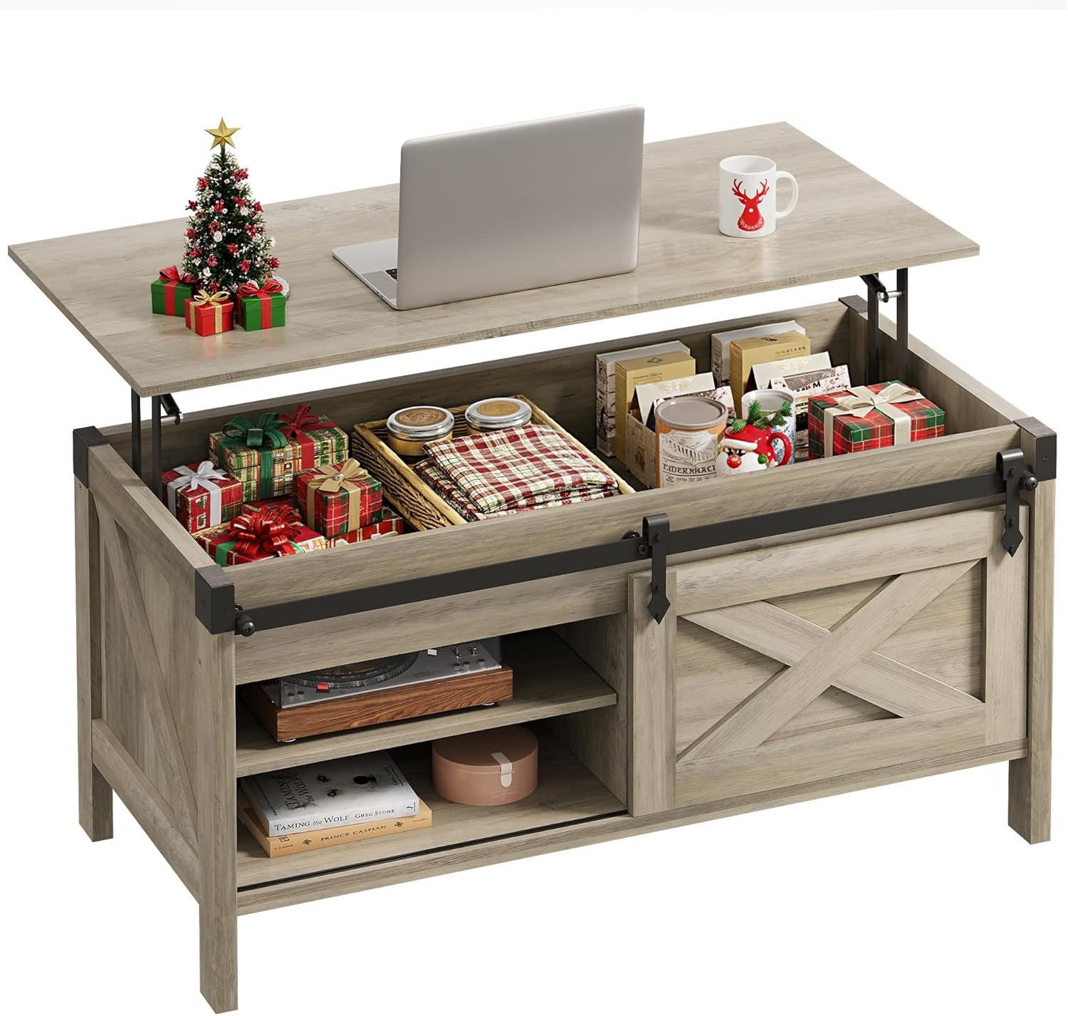 WLIVE 47.3" Farmhouse Lift Top Coffee Table with Sliding Barn Doors, Large Hidden Storage Compartment and Adjustable Shelf for Living Room,Office, White