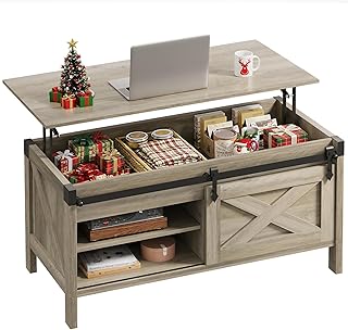 WLIVE Lift Top Coffee Table, 39.4" Farmhouse Coffee Table with Large Hidden Storage Compartment, Sliding Barn Doors, Modern Wood Center Table for Living Room, Office, Grey