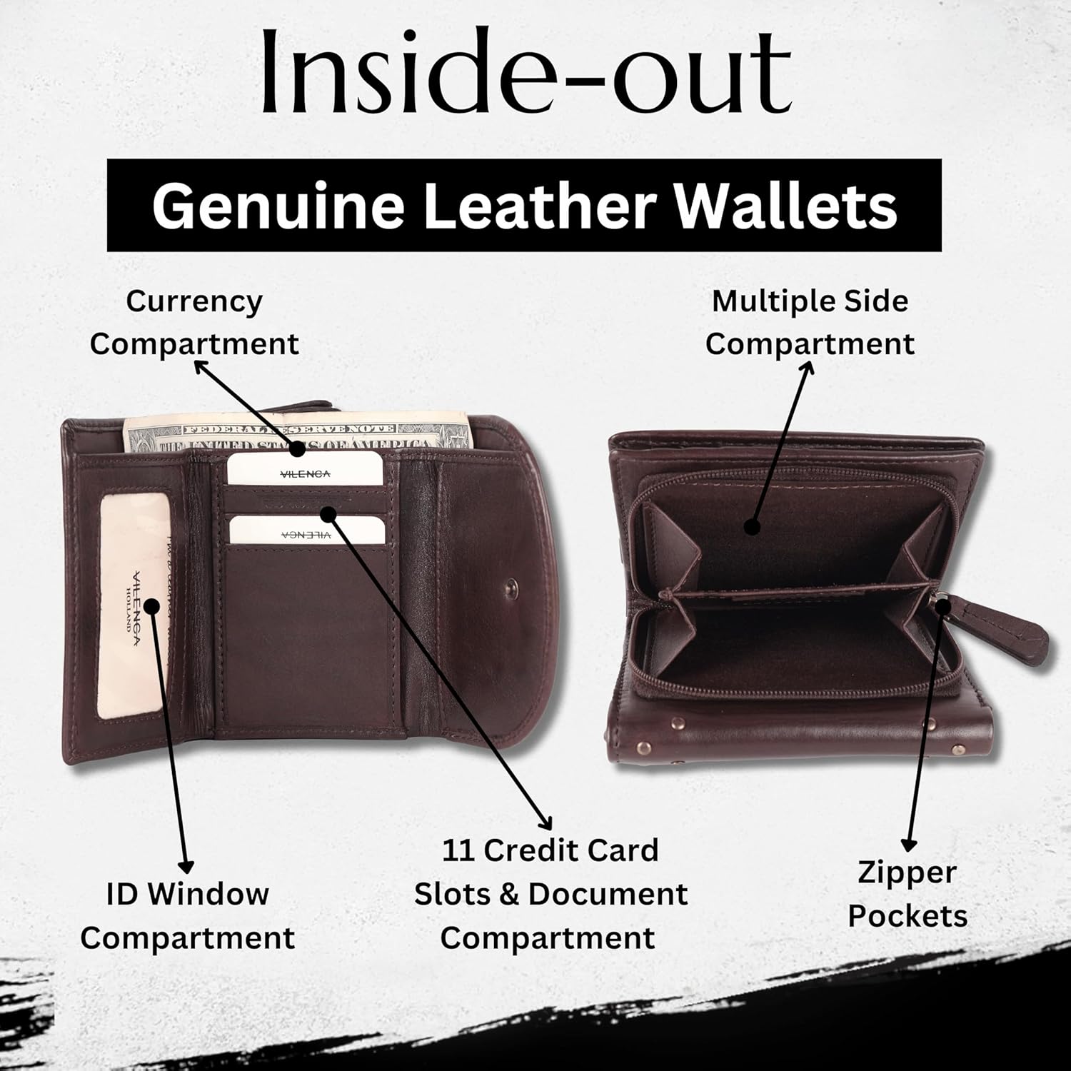 4.5 inch Genuine Italian Leather Boho Studded Trifold Double Flap Closure Wallet – Zipper Coin Purse & Credit Card Holder for Women (Brown) - Image 4