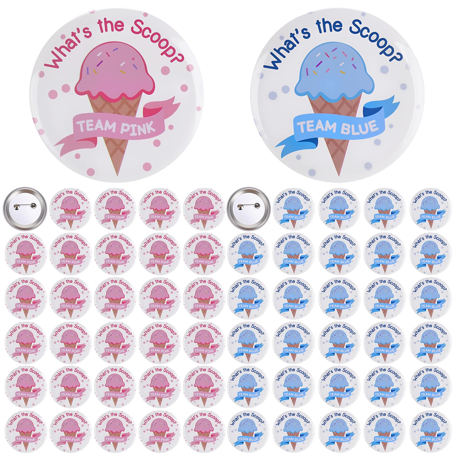 Guiqulai Gender Reveal Button Pins 60 PCS - Whats the Scoop Boy or Girl Pins Pink or Blue Brooch for Baby Showers Gender Reveal Party favors