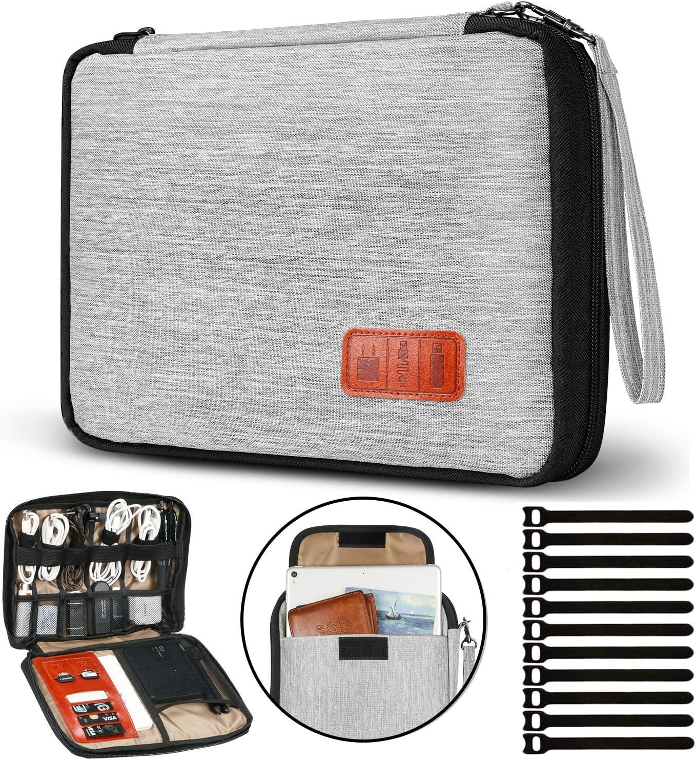 Electronic Organizer Waterproof Portable Travel Cable Accessories Bag Soft Case with 10pcs Cable Ties for USB Drive Phone Charger Headset Wire SD Card Power Bank (Grey 10.6x8 in) （香港同城商品）