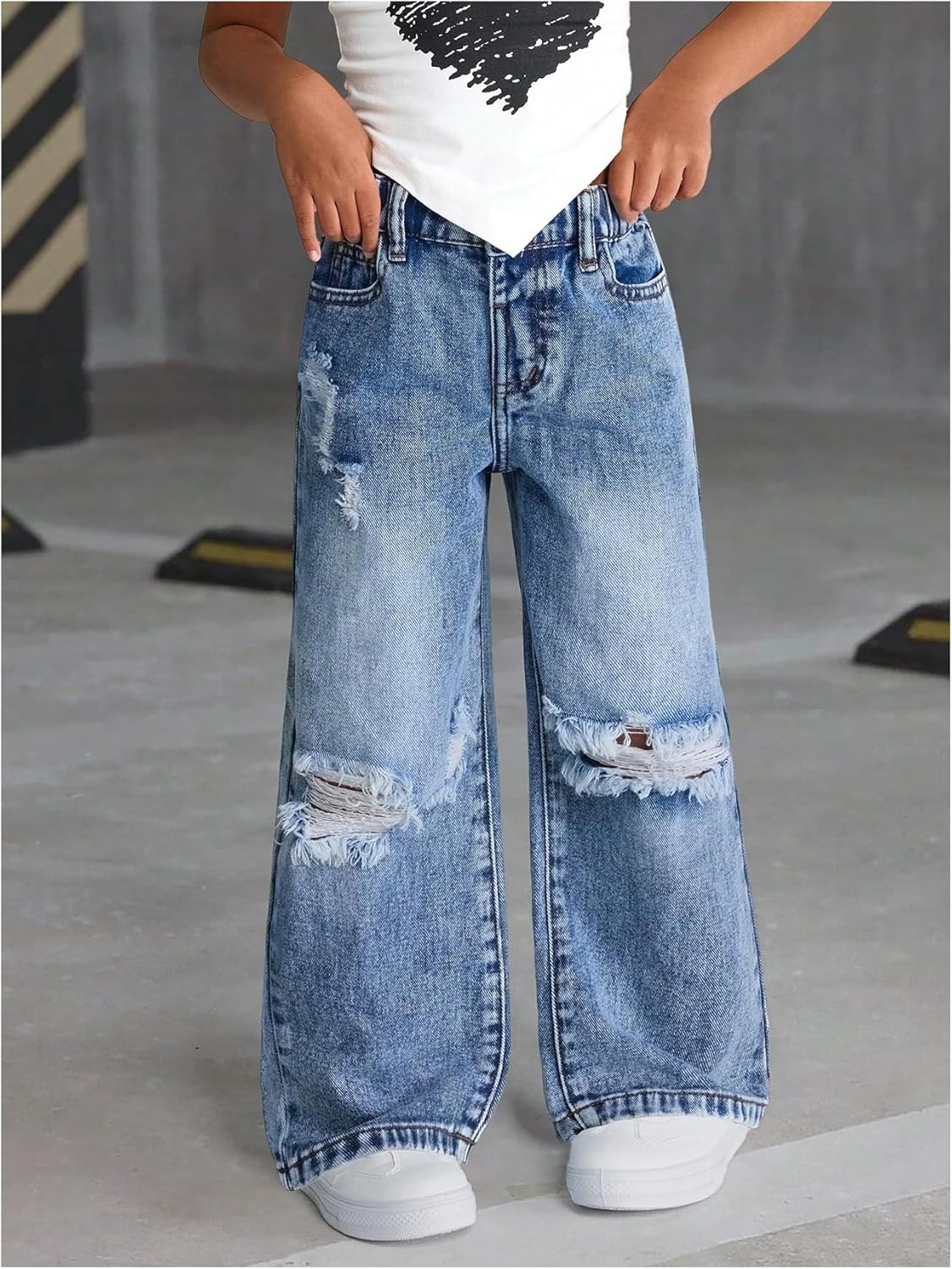 SHENHE Girl's Baggy Jeans Elastic High Waisted Distressed Wide Leg Casual Pants with Pockets - Image 3
