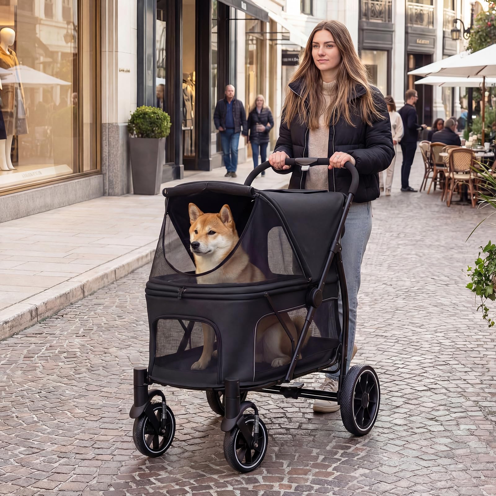 COSTWAY Poussette pour Chien Chat Pliable, Grand Entrée Basse, Auvent Réglable, Charge 40 kg, Chariot pour Chien Chat à 4 Roues, Poches de Rangement, Laisse de Sécurité, Coussin (Noir,Style 16)
