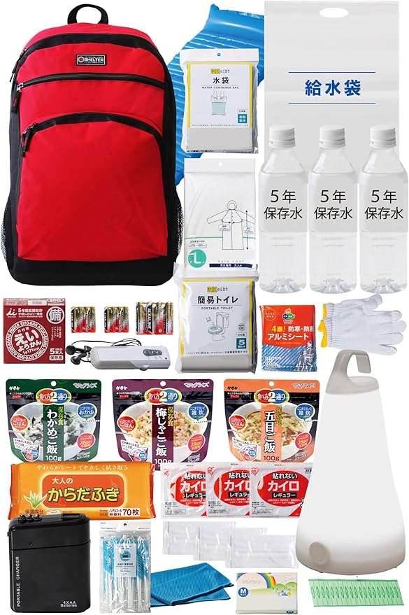 防災のミカタ 防災グッズ セット リュック 1人用 45点 赤 非常用リュック 【日本防災ブランド】 大容量リュック 非常用 簡易 トイレ 保存食 保存水