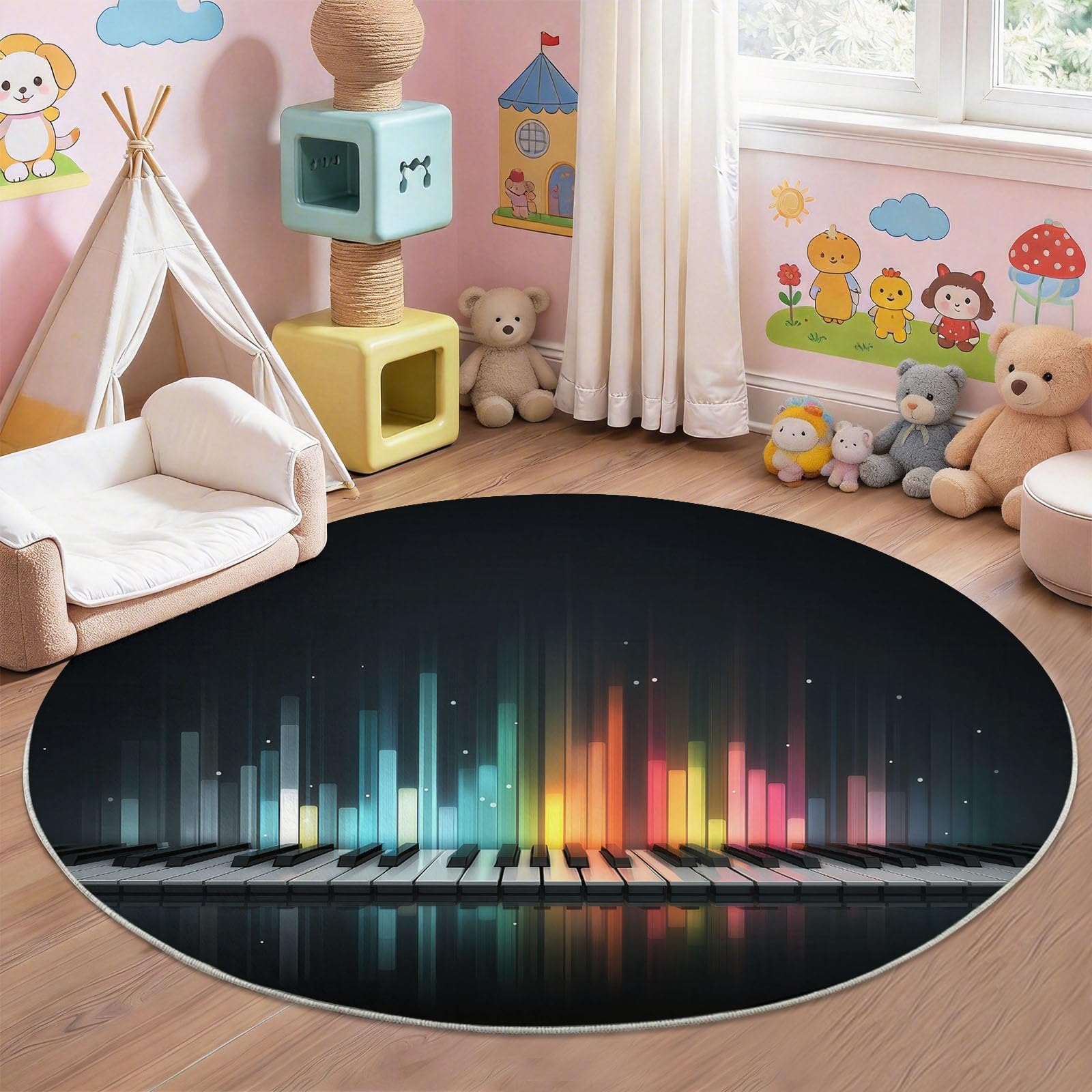 Generisch Teppich Rund 180 cm Musik Keyboard Streifen, Kurzflor Waschbar rutschfest, Runde Teppiche für Wohnzimmer Schlafzimmer Esszimmer Kinderzimmer Künstler, Schwarz