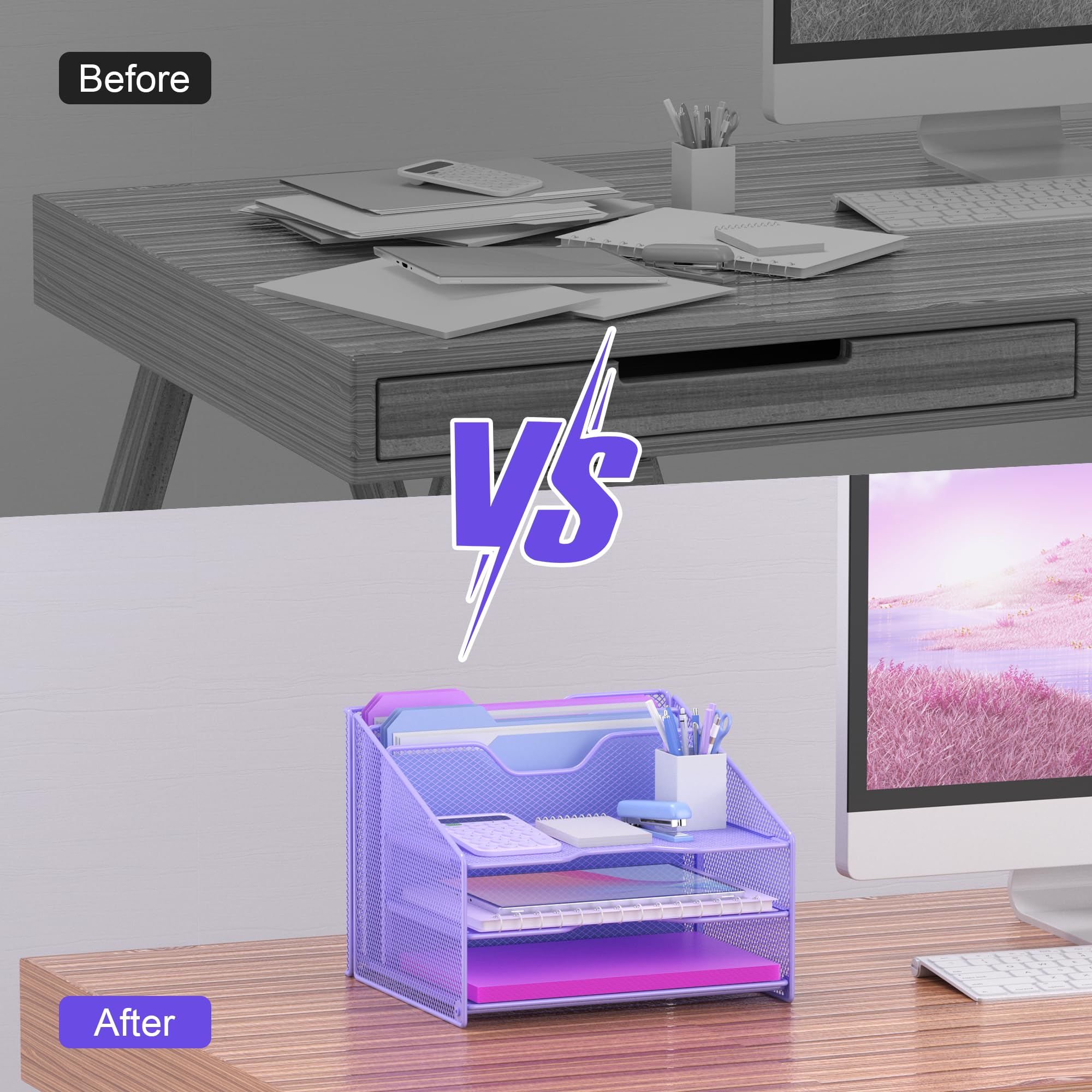 Samstar Purple Desk File Organizer, Mesh Letter File Folder Holder with 3 Paper Trays and 2 Vertical Upright Section, for Office Supplies, Desk Accessories & Workspace, Purple view 6