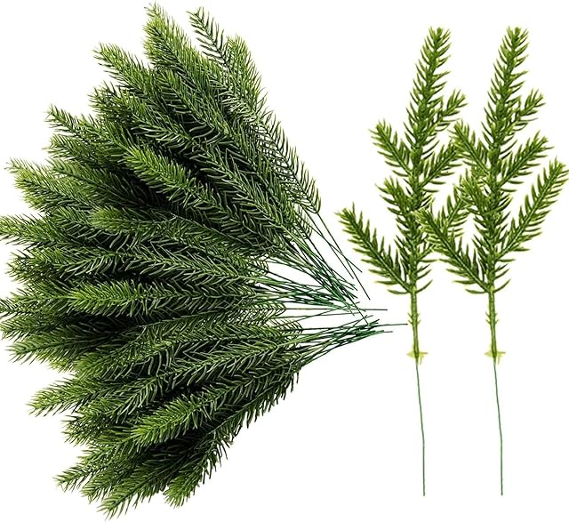 100 Packs Artificial Plants Pine Needles Branches Garland, 6.7x2.0 Inch Fake Green Plants Pine Needles-Greenery Pine Picks for DIY Christmas Garland Home Garden Decoration