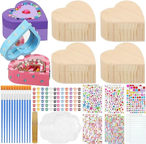 Kigley Juego de 6 cajas de joyería de madera para el día de San Valentín para pintar tus propias cajas de corazón sin terminar, kits de pintura para
