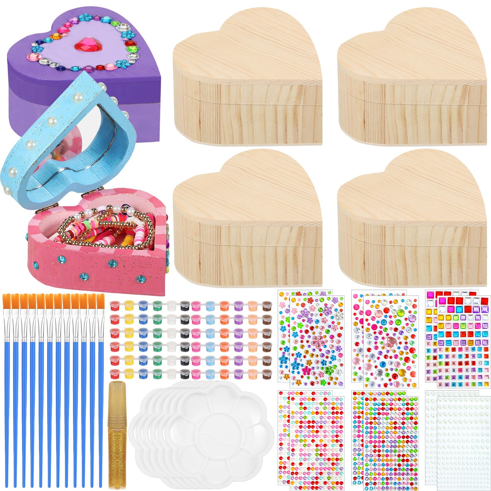 Kigley 6 Sets Valentines Day Crafts DIY Wood Jewelry Box to Paint Your Own Unfinished Heart Boxes Arts and Craft Paint Kits for Ages 3-12 Year Old Girls Boys Kids Craft Gifts