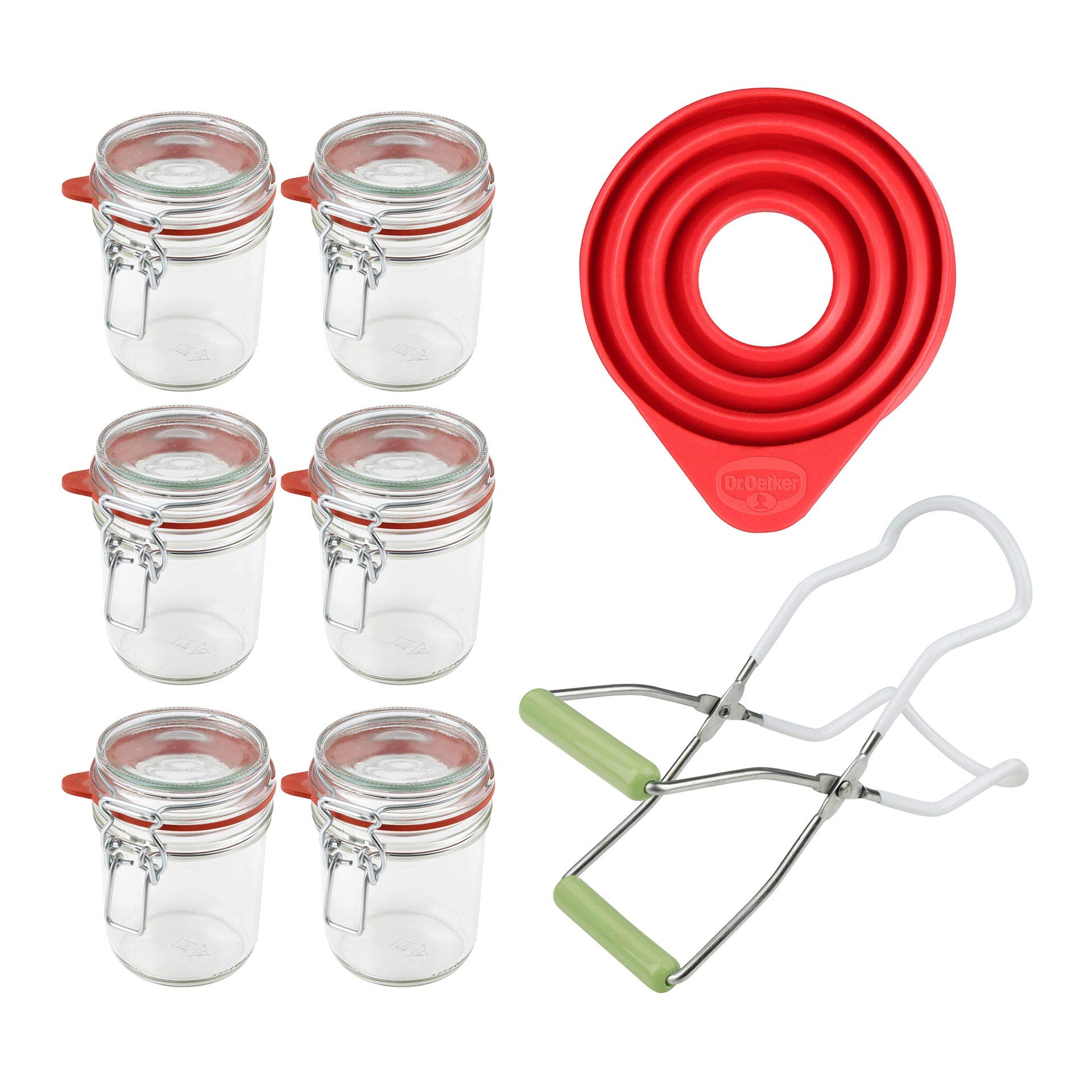 Dr. Oetker Einmachgläser mit Bügelverschluss 370 ml, Vorratsglas mit Trichter, Glasheber für luftdichte Marmeladengläser, vielseitiges Einweckglas (Farbe: Transparent/Rot), Menge: 1 x 8er Set