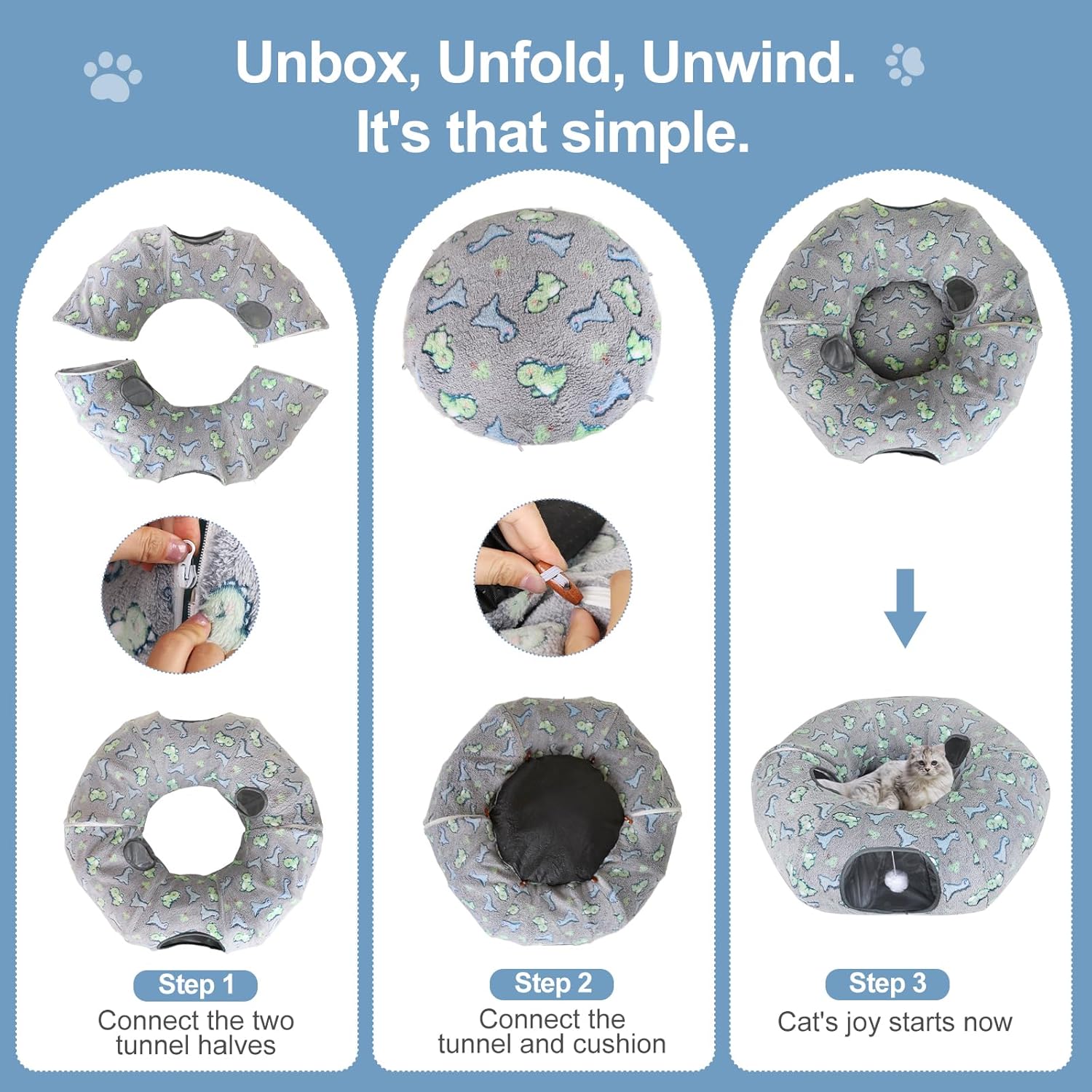 Cat Tunnel Bed, Foldable Cat Donut Tunnel with Removable Cushion & Toy Ball, Stress Relief Fun, Round Pet Play Tunnel for Indoor Cats, Kittens and Small Pets (3D Dinosaur Pattern)