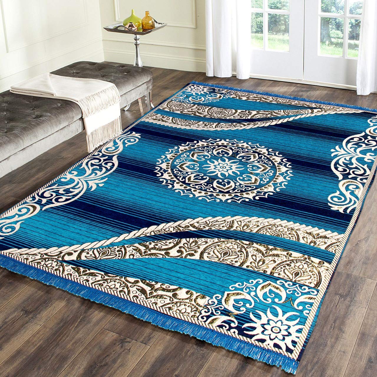 Sparrow World Superfine 5d Designer chennille Living Room Carpet, Area Rug,durries-5 x 7 feet, Sky Blue