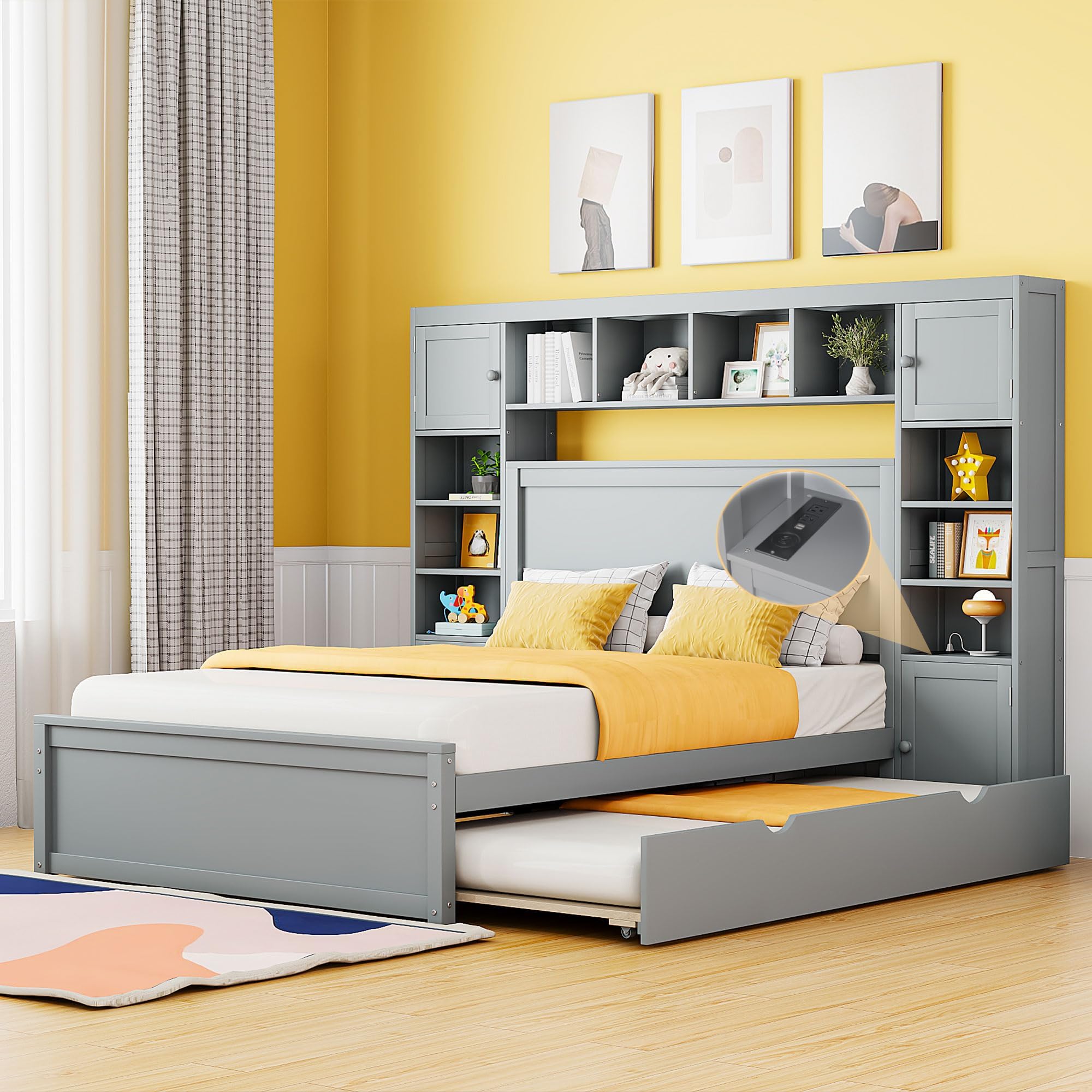 MERITLINE Full Platform Bed with Storage Headboard,Trundle and Drawers,Solid Wood Full Bed Frame with Charging Station and Storage for Adults(Grey)