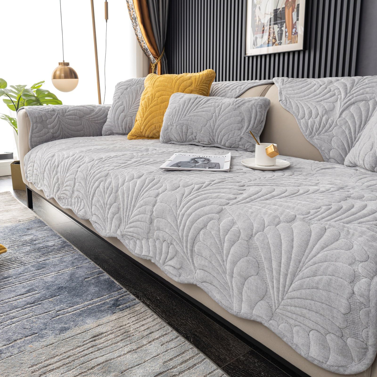 XSlive Palm Leaves Sofa Couch Cover Chenille Plush Quilted Sectional Couch Cover 1-Piece Non Slip Soft Sofa Slipcover Furniture Protector for Pets