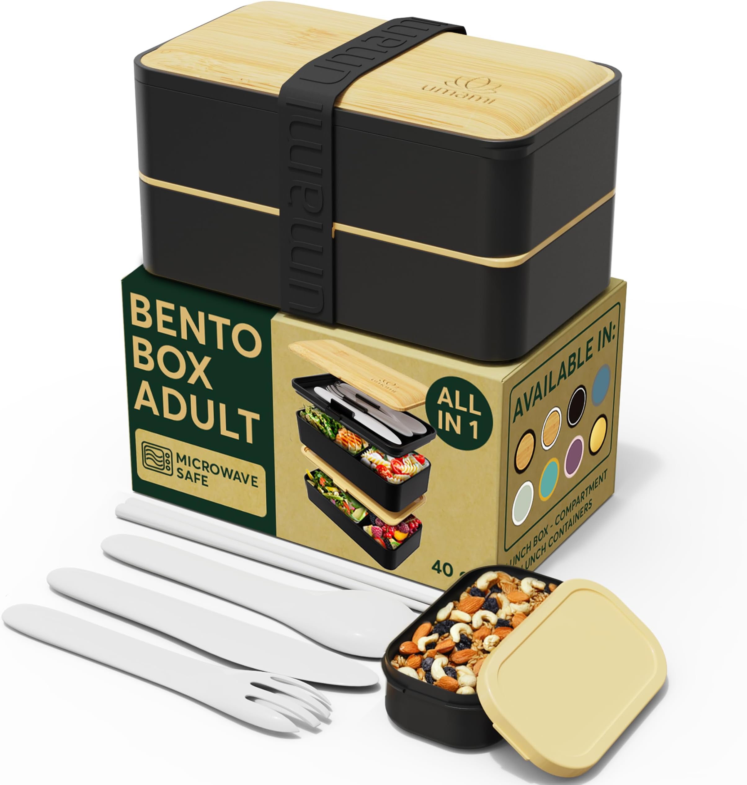 Umami Bento Box Adult All-In-1 w/ 4 Utensils 100% Leakproof, Microwave & Dishwasher Safe Lunch Containers for Adults w/ 4 Compartments, Bento Lunch Box Containers w/Premium Real Bamboo Lid