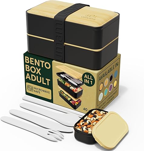 Umami Bento Box - Caja todo en 1 para adultos con 4 utensilios, tarro de salsa grande, 2 divisores, 100% a prueba de fugas, apta para microondas y
