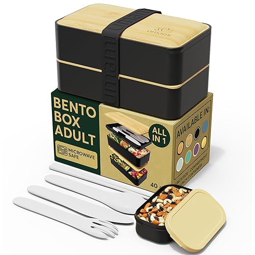 Umami Bento Lunch Box, 2 Wooden Sauce Pots & Cutlery Included, Microwaveable Lunchbox, Adult/Child Lunch Box, Compartment Lunch Box, Bento Box
