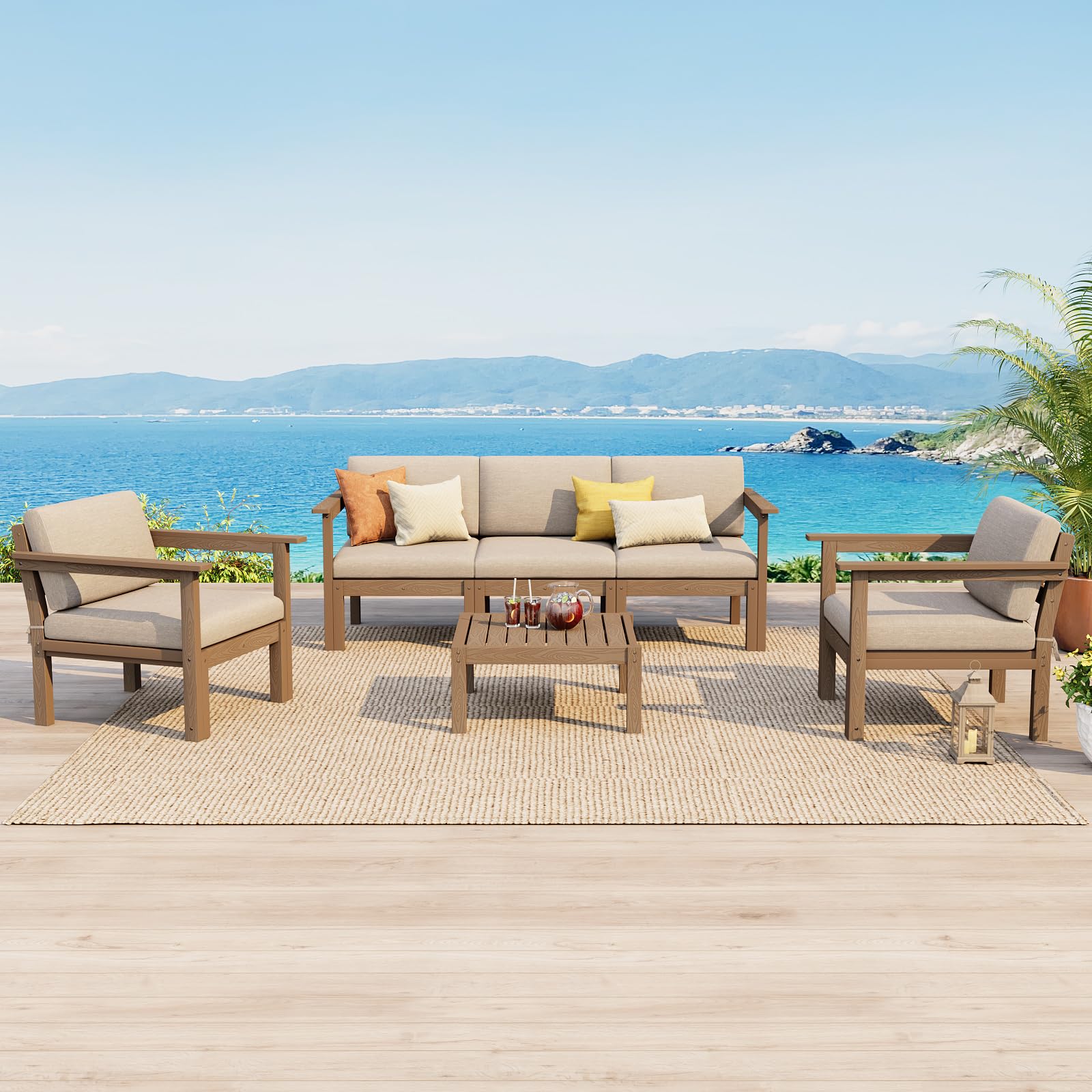 Stoog Patio Furniture Set, 6-Piece Modular Outdoor Sectional Sofa - Convertible Layout, Waterproof HIPS Frame &amp; Quick-Dry Olefin Cushions, Teak