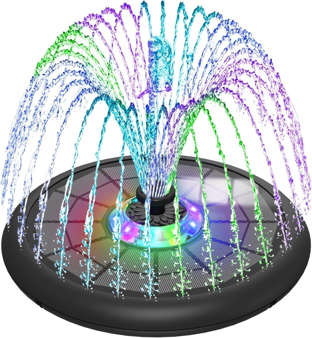 SZMP Powerful 5W Solar Powered Water Fountain for Bird Bath, Upgraded Glass Panel with Colorful Light Show, 7 Nozzles, Anti-Drift Fixer, 2000mAh Battery