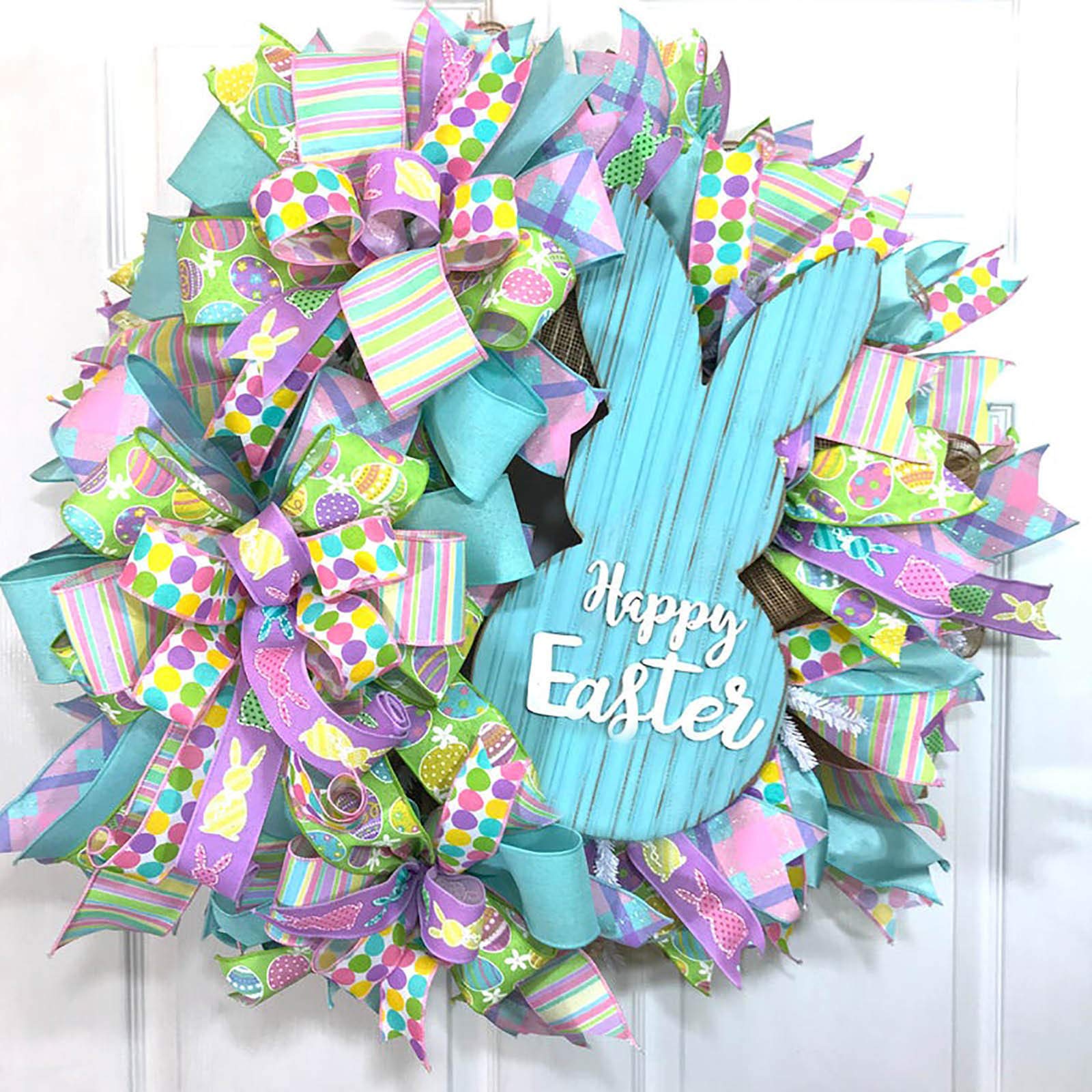 Easter Rabbit Wreath for Front Door, Spring Front Door Wreath, Easter Thief Bunny Butt Ears, Bunny Butt Garland Wall Hanging Decor Window Ornaments Holiday Craft Supplies (#008), Blue,red