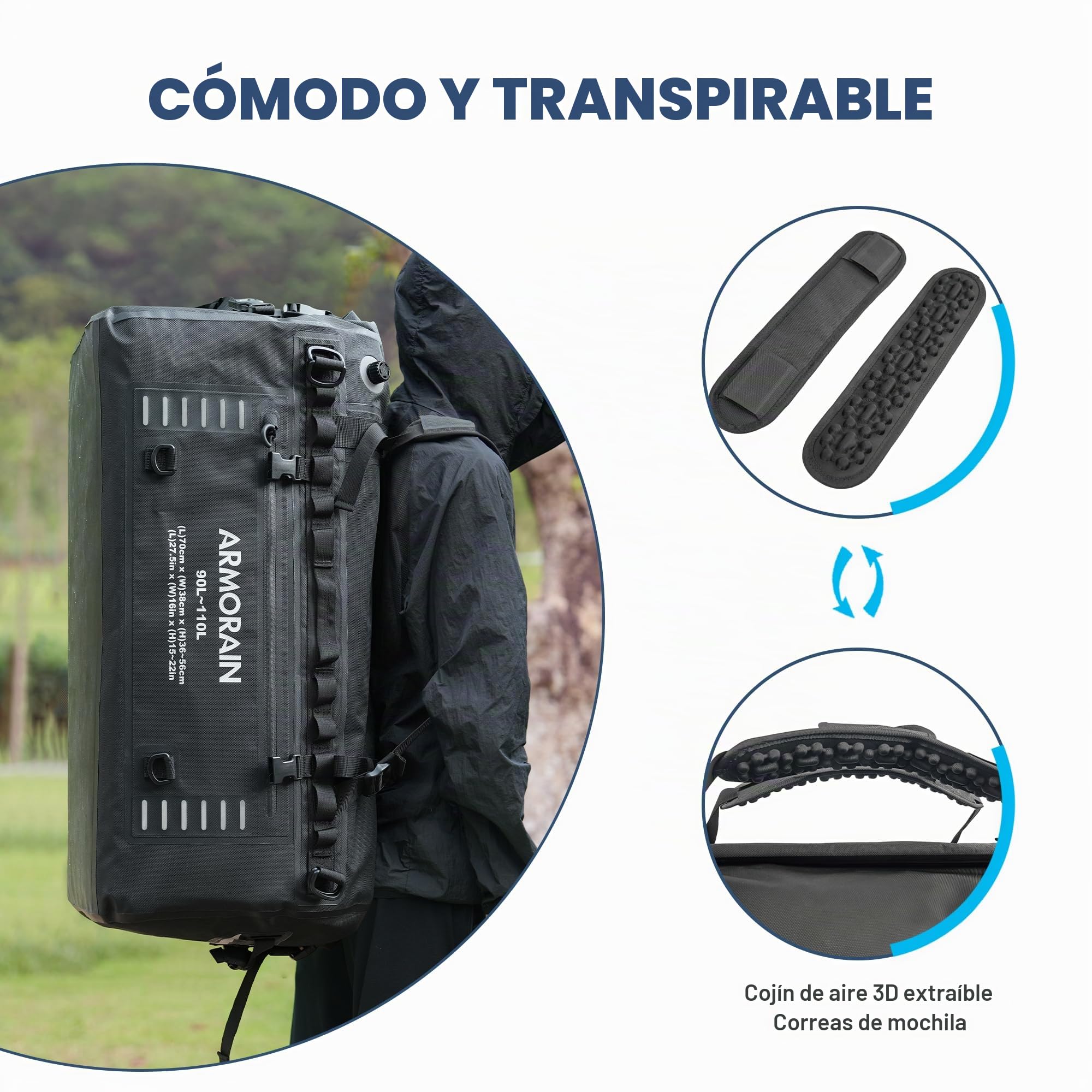 Bolsa de viaje impermeable hermética de gran capacidad ARMORAIN de 90L-110L, equipada con correas para el hombro inflables duraderas y asas, adecuada para equipos de buceo, motocicletas, remo, kayak