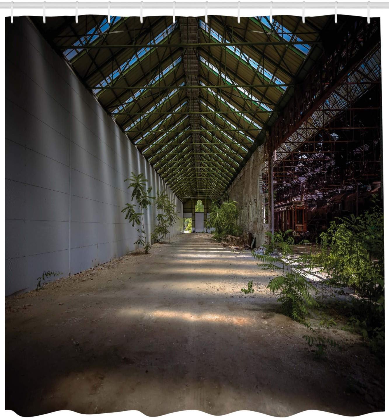 Ambesonne Rustic Shower Curtain, Industrial Interior Greenhouse Agriculture and Plants Nature in Urban Areas Print, Cloth Fabric Bathroom Decor Set with Hooks, 69" W x 70" L, Grey Green