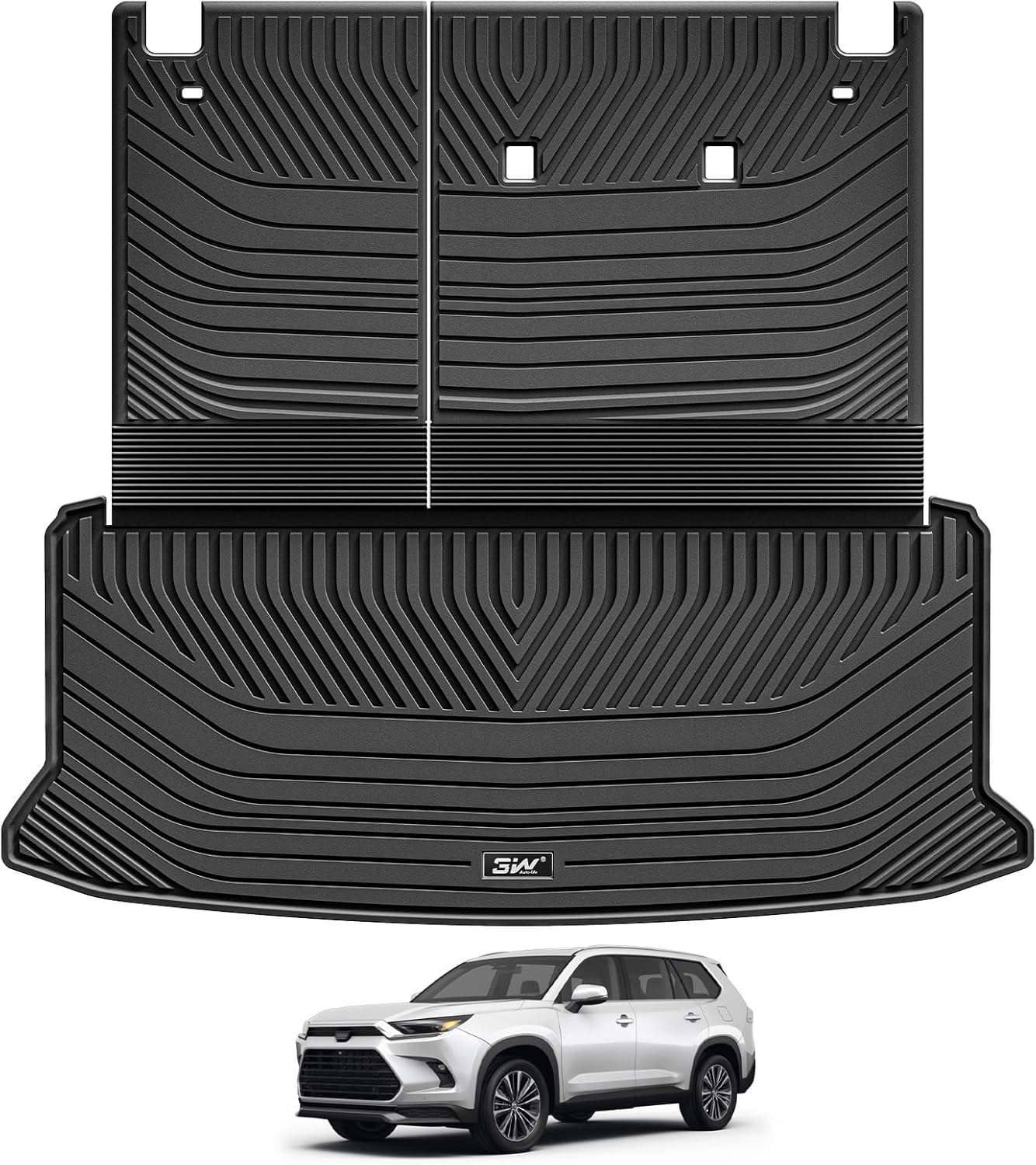 3W Cargo Liner Fit 2024 2025 Toyota Grand Highlander (Include Hybrid) (Only for 7 Seat), Trunk Mat and Seat Back Covers TPE All Weather, Black 2. Grand Highlander|24-25|Trunk Mats Set