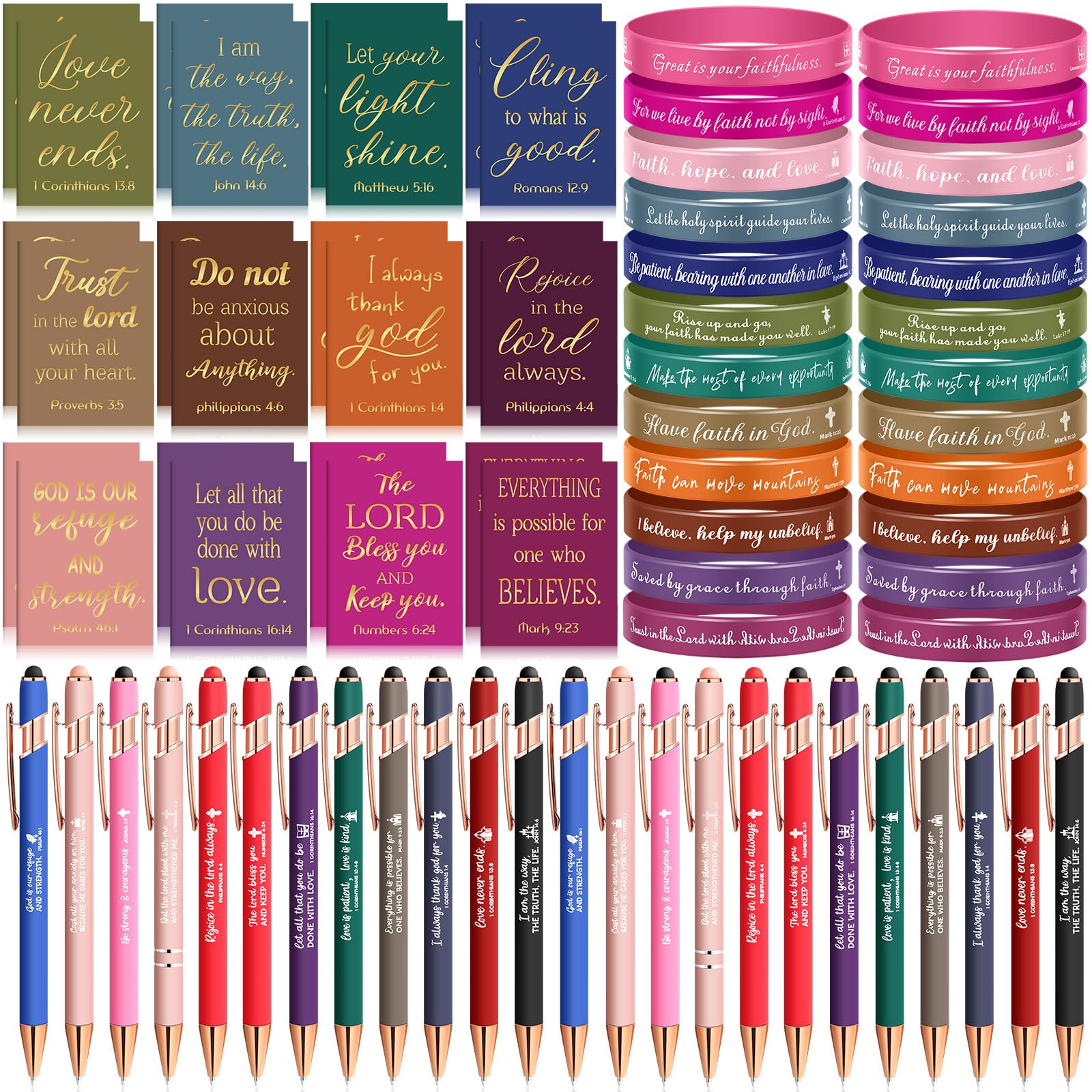 Estune 72 Pcs Christian Gifts Set Bulk Bible Notebooks Christian Scripture Ballpoint Pens Bible Quote Bracelets Motivational Christian Gifts for Women Men School Office Supplies (Simple Style)