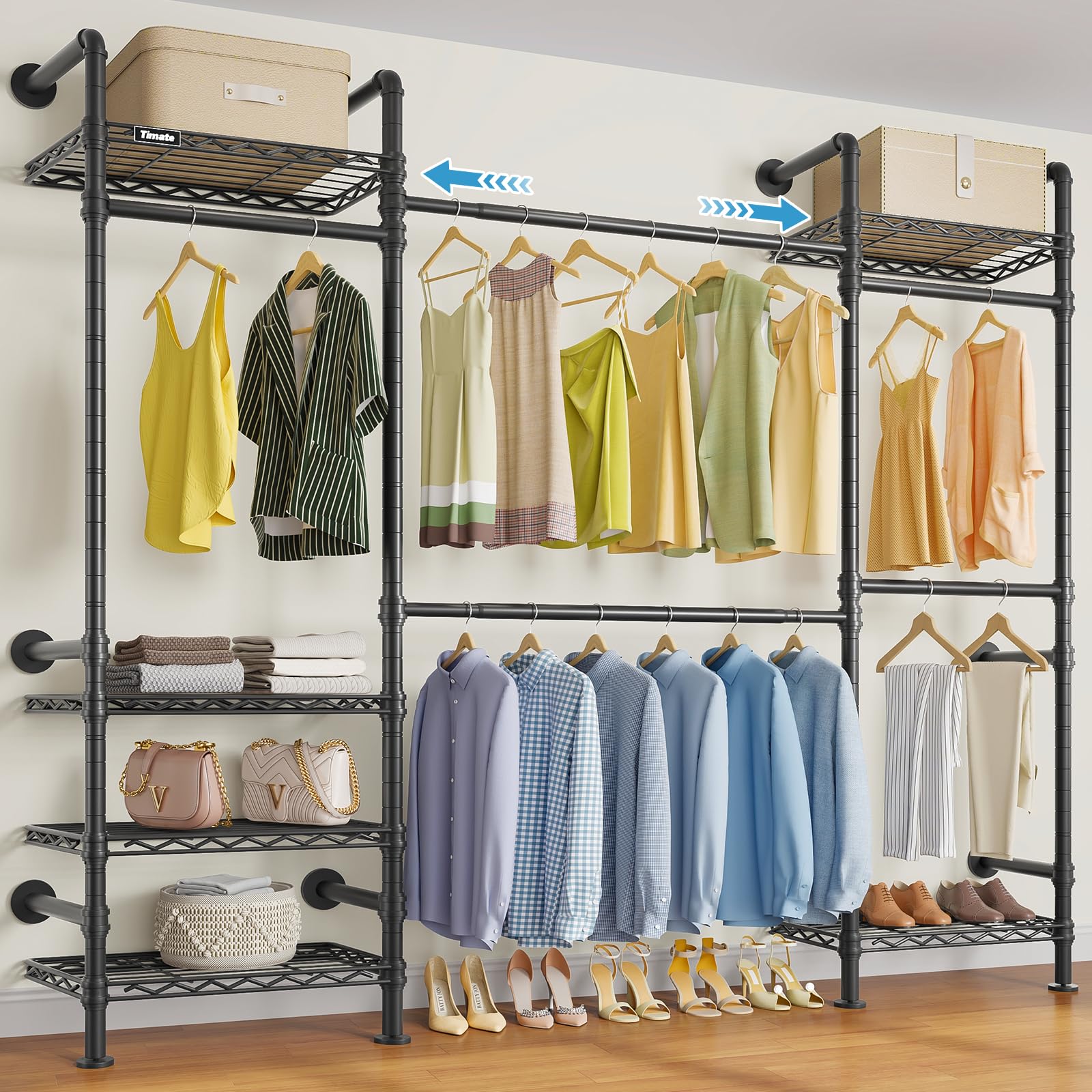 Timate F3 Medium Wall Mounted Clothes rack Expandable Closet Industrial Pipe Clothing Rack for Hanging Clothes Heavy Duty