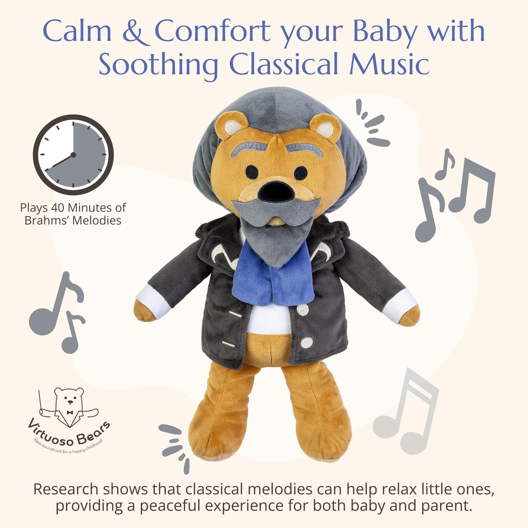 Ours Virtuoso de Brahms – Peluche bi-mode avec fonctions musique et confort, joue 40 minutes de musique classique et de bruit blanc pour calmer et apaiser les bébés