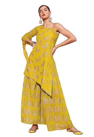 Kurta Set For Women - Yellow Georgette Foil Printed One Off Shoulder Kurta With Skirt Style Palazzo
