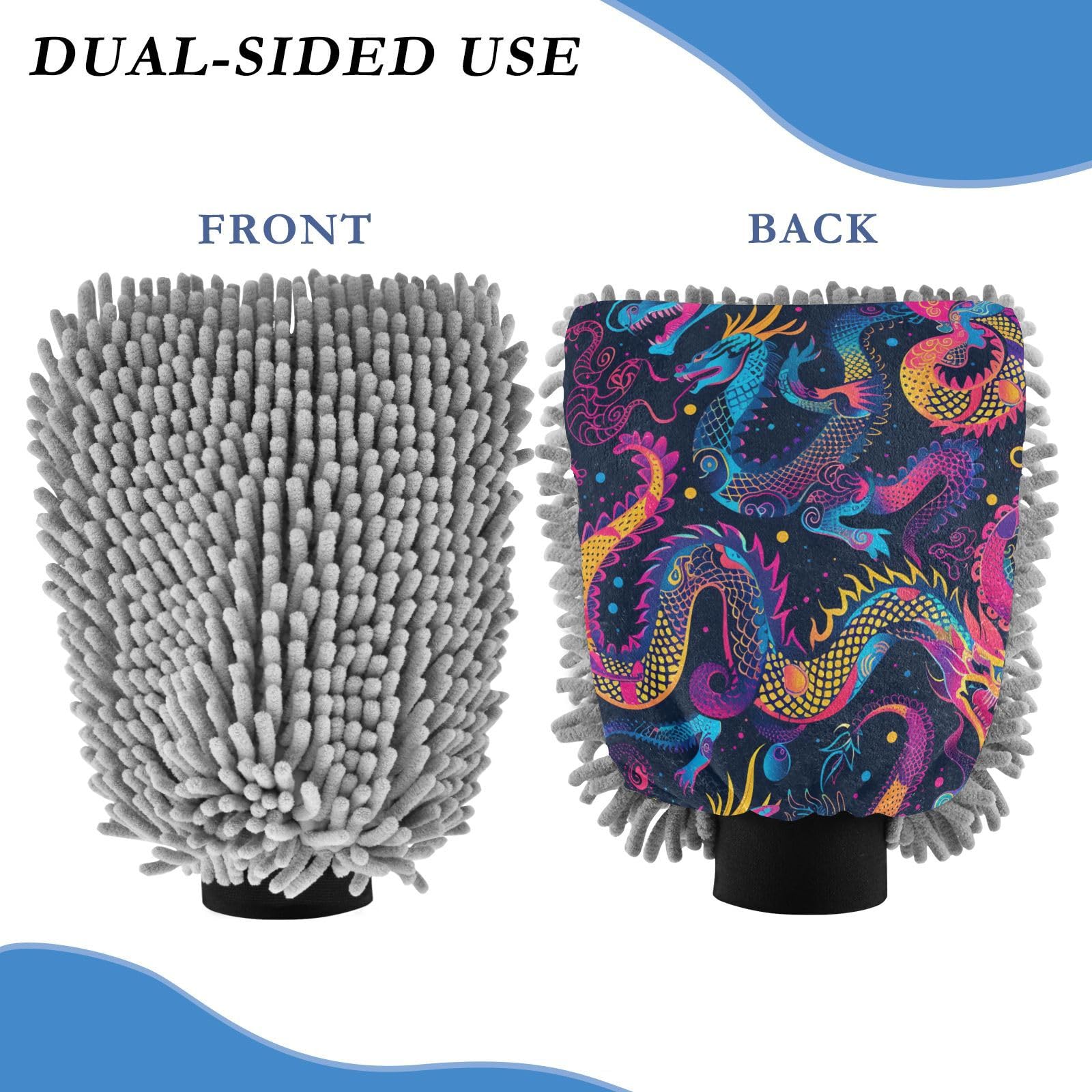 IOACIY Absorbent Microfiber Car Wash Drying Mitts, 2 Pack, Scratch-Free & Lint-Free, Rich Foam, Highly Absorbent, Double Sided, Wash Mitt Perfect for Car Washing, M, Chinese Dragon (2)