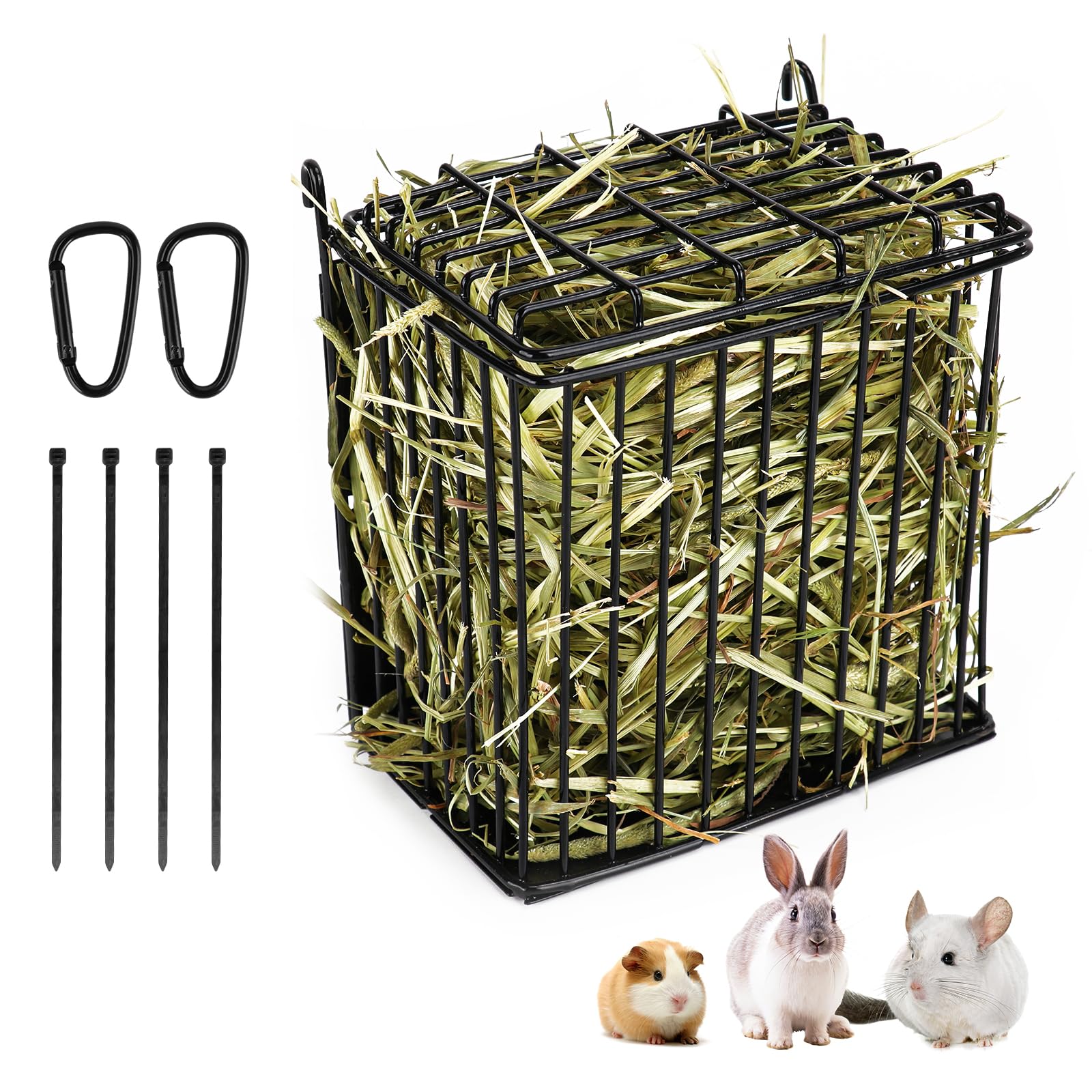 ANDOUNIER New Upgraded Rabbit Hay Feeder,Comes with Lid to Prevent Critters from Jumping in,Metal Frame Hay Rack with Adjustable Hook,for Rabbits