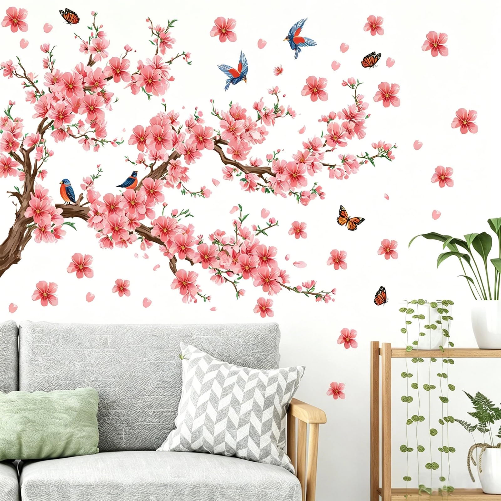 Muporitel Pink Cherry Blossom Tree Decorative Wall Sticker, Self-Adhesive Detachable Peel Off Type, Flower Branch And Bird Mural Sticker, Suitable For Background Wall Decoration In Living Rooms And Bedrooms