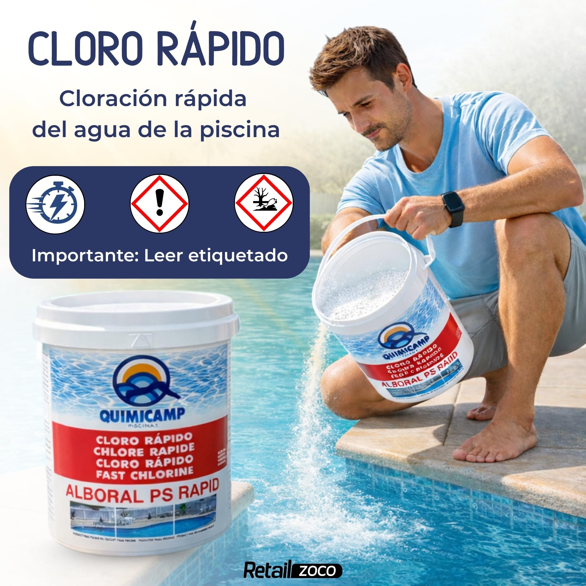 Cloro Choque Accion Rapida, Recuperador Agua Piscina deteriorada, Tratamiento Inicial de la Piscina, Fabricado en España, Forma del Producto Granular, Contiene 5 Kg — view 2