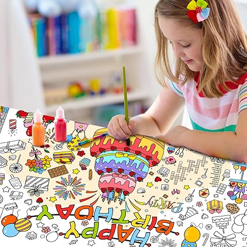 Miniatura 7 de Póster gigante de feliz cumpleaños, mantel para colorear de 35 x 72 pulgadas para niños, mantel de actividades de cumpleaños para manualidades,