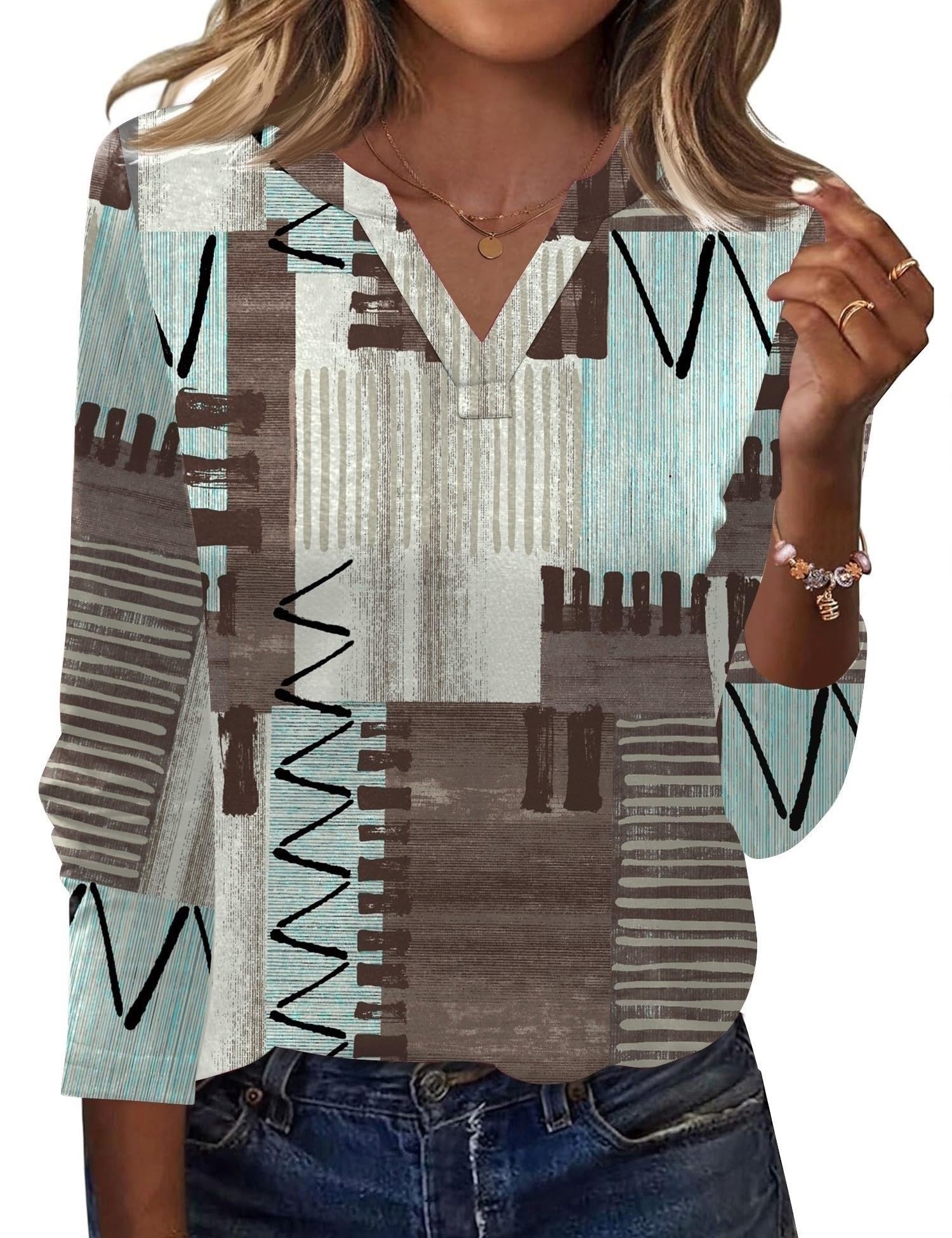 Micoson Women's Long Sleeve Tops Dressy Casual Fall Clothes Fashion 2025 V Neck Clothing Color Block T Shirts