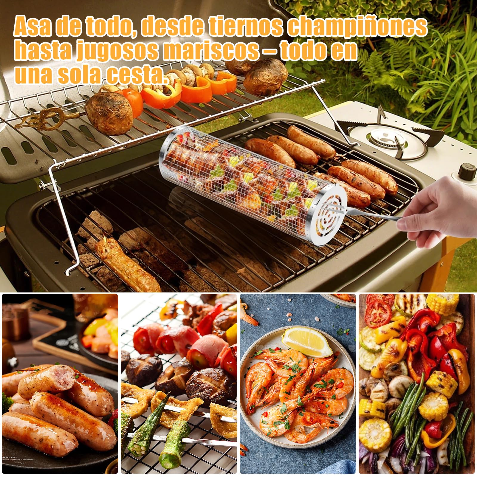 Conjunto de 2 Cestas para Parrilla Rodante, Cesta de Parrilla de Acero Inoxidable con Mango Extraíble, Rejilla Barbacoa para Asar Verduras, Carne